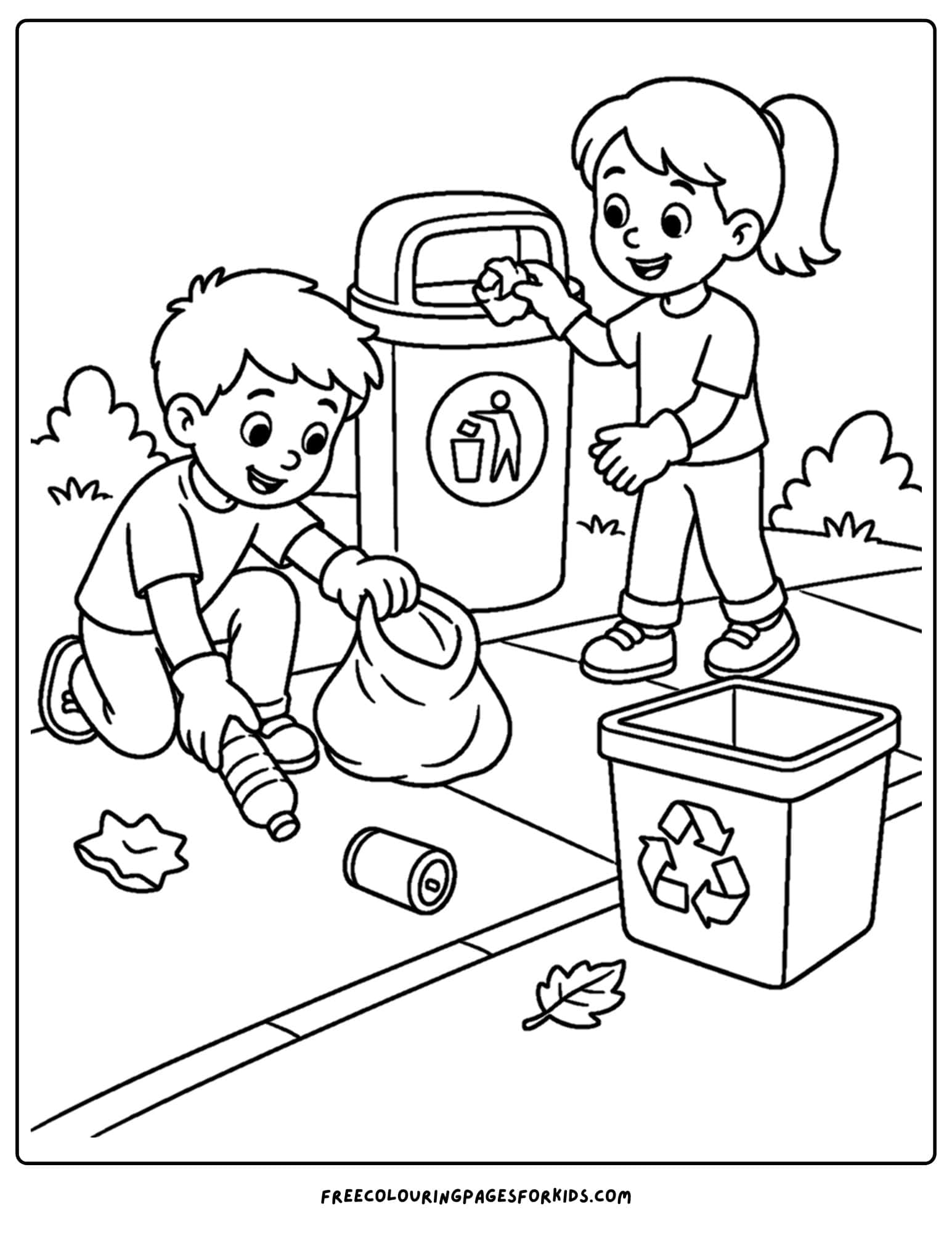 Child safe coloring page shows how to clean up trash