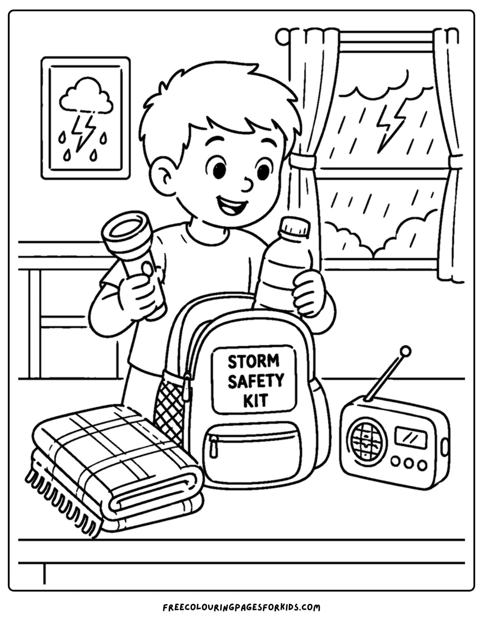 Child safety coloring page shows how to pack for a storm