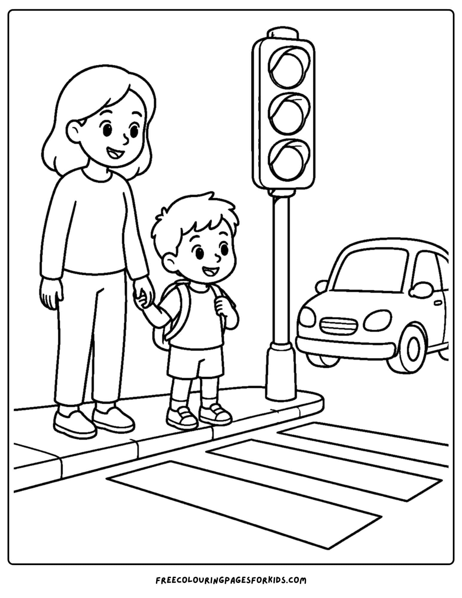 Child safety coloring page showing traffic light safety when crossing the road