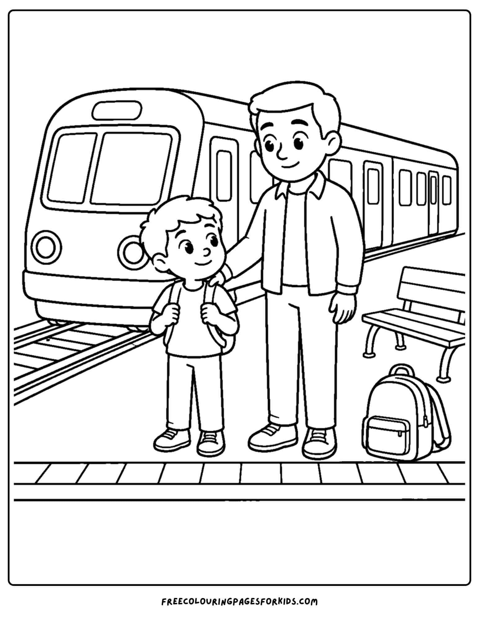 Child safety coloring page showing train safety on platform