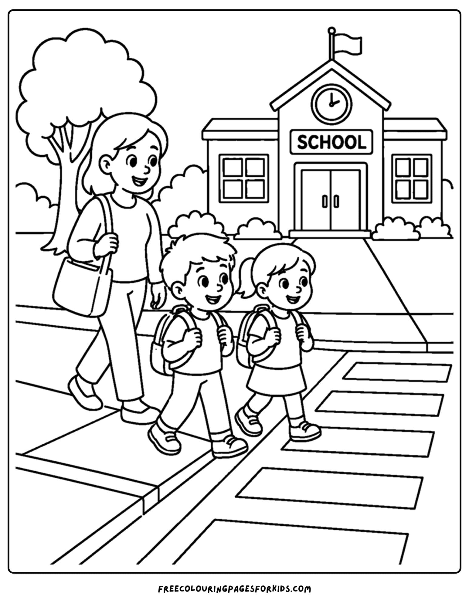 Child safety coloring page showing how to walk to school safely