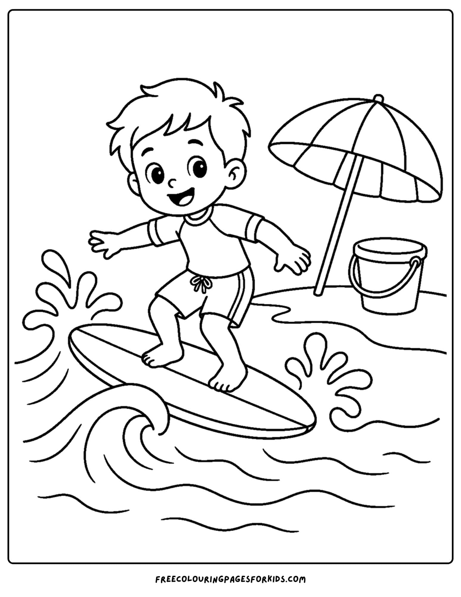 a surfing coloring page showing a child surfing shallow waves along the beach