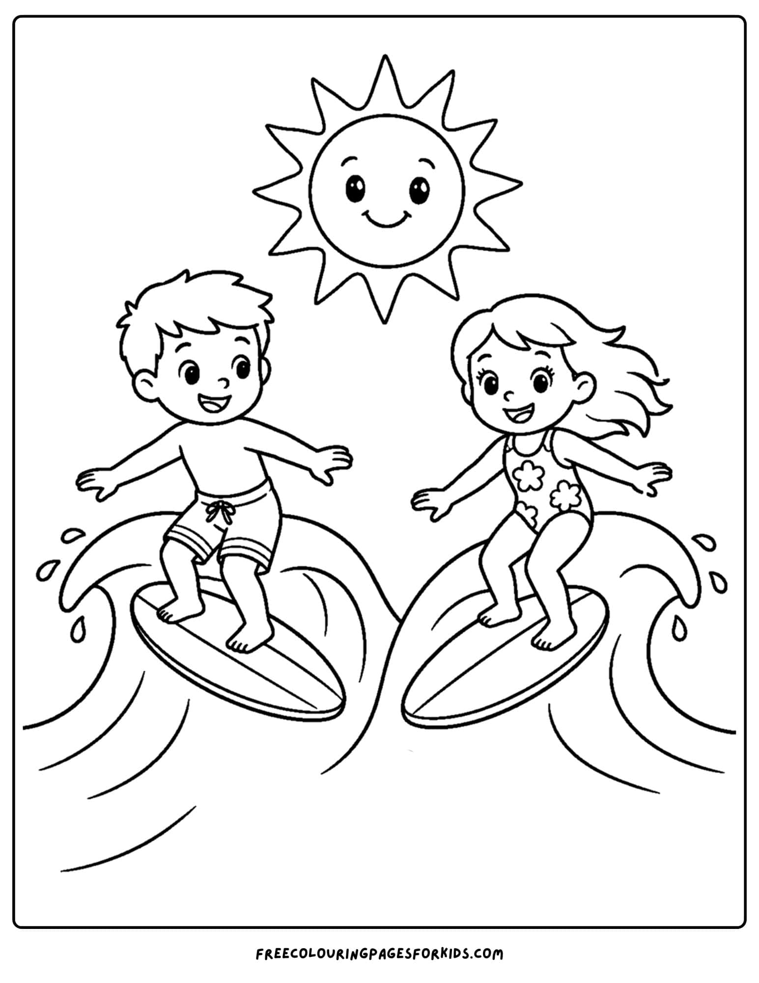 a surfing coloring page showing best friends surfing together
