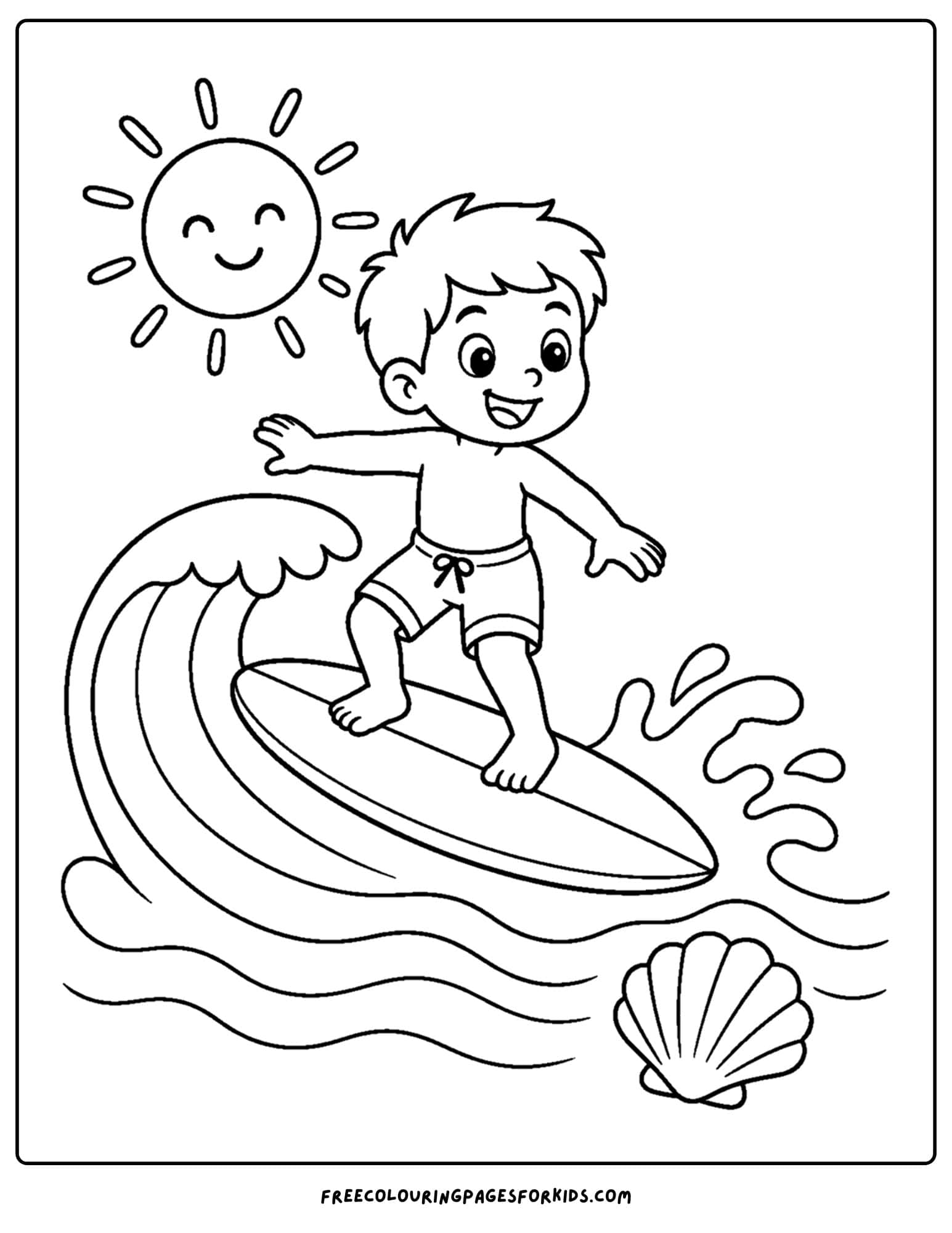 a surfing coloring page showing a child on a big wave