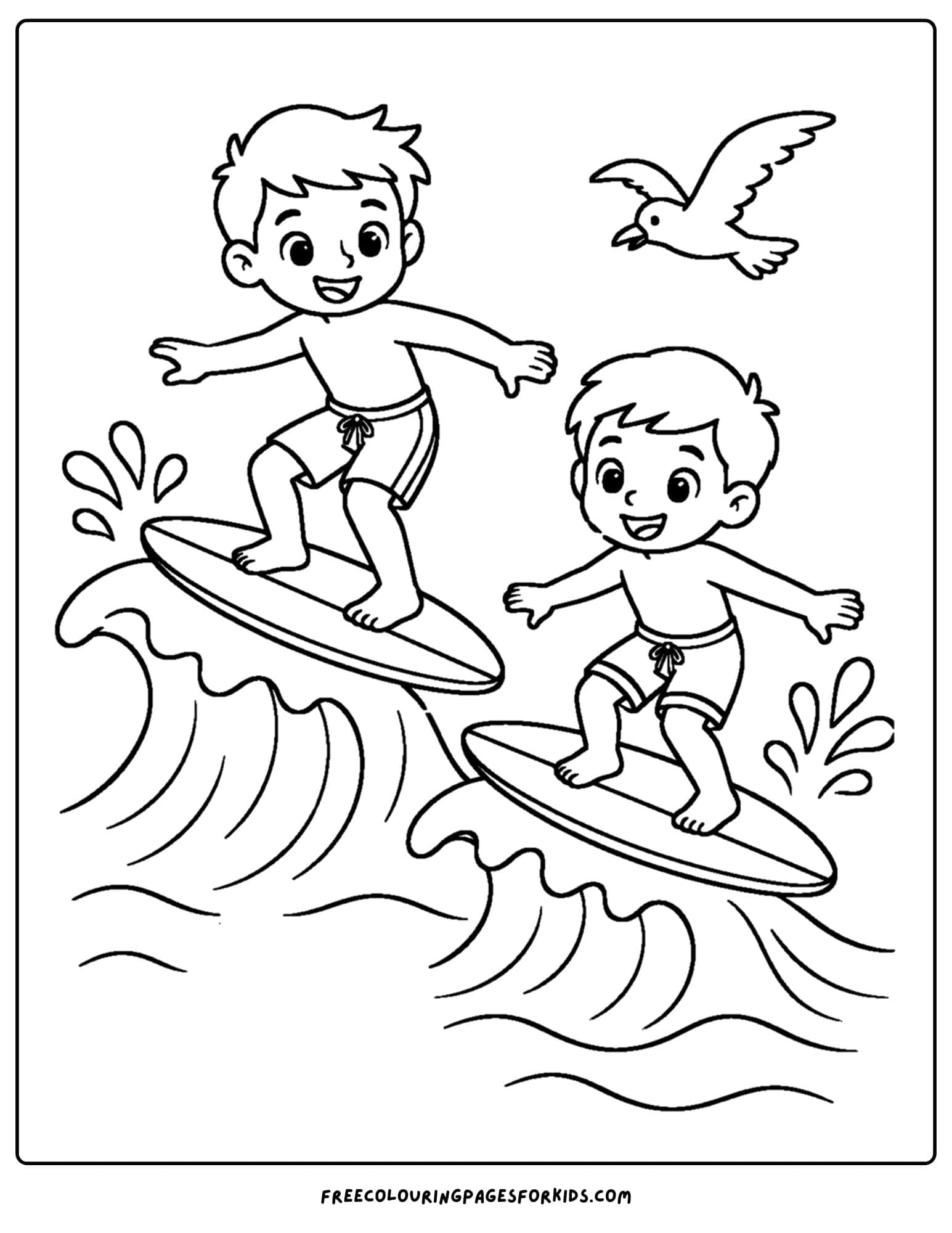 a surfing coloring page showing brothers surfing waves together