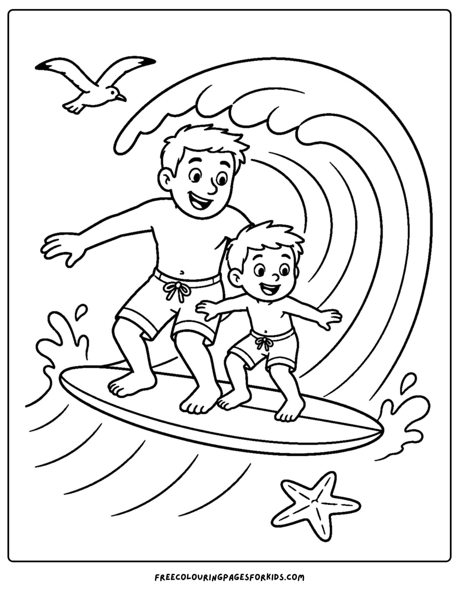 a surfing coloring page showing a dad and child surfing on the same board together