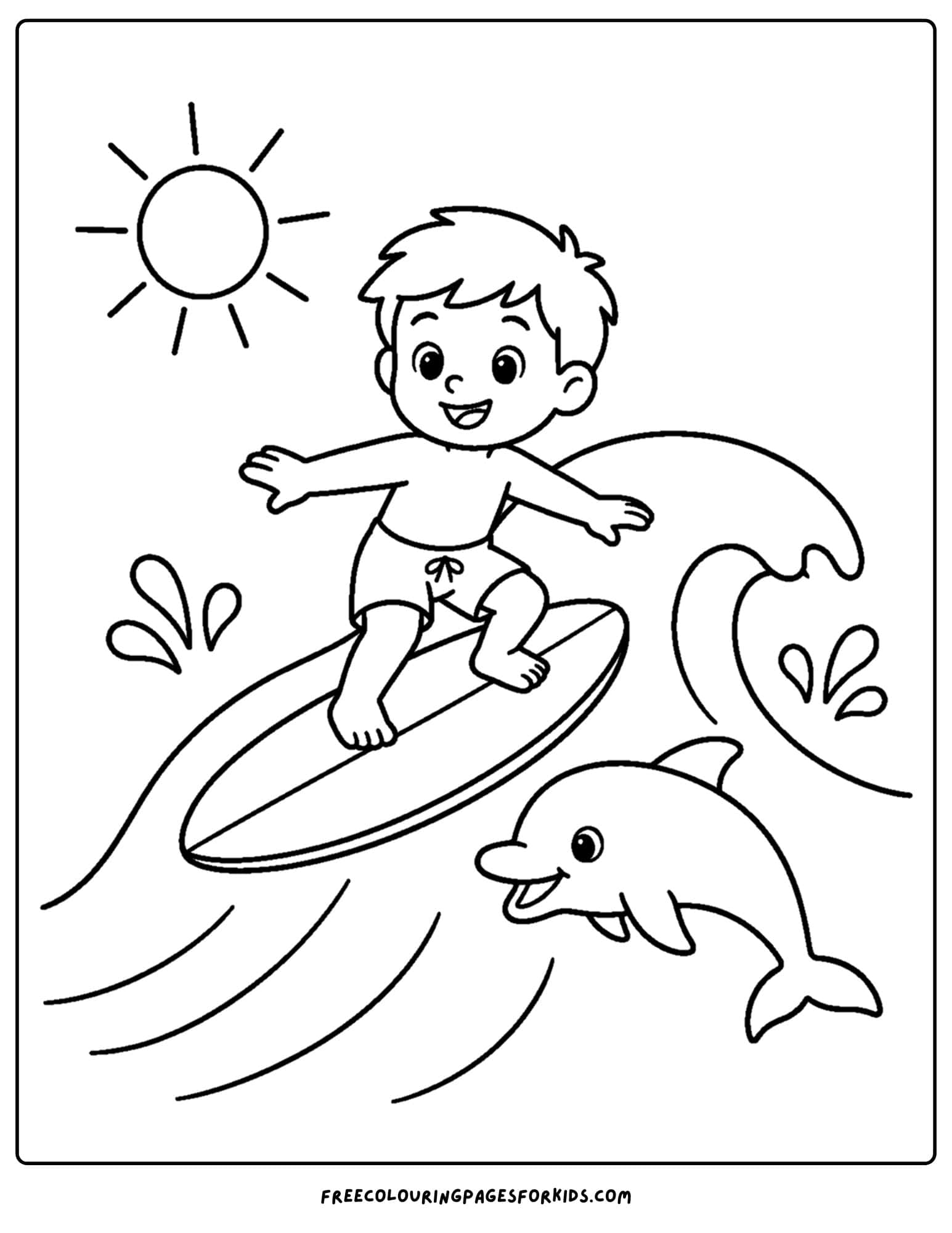 a surfing coloring page showing a child surfing and a dolphin swimming past
