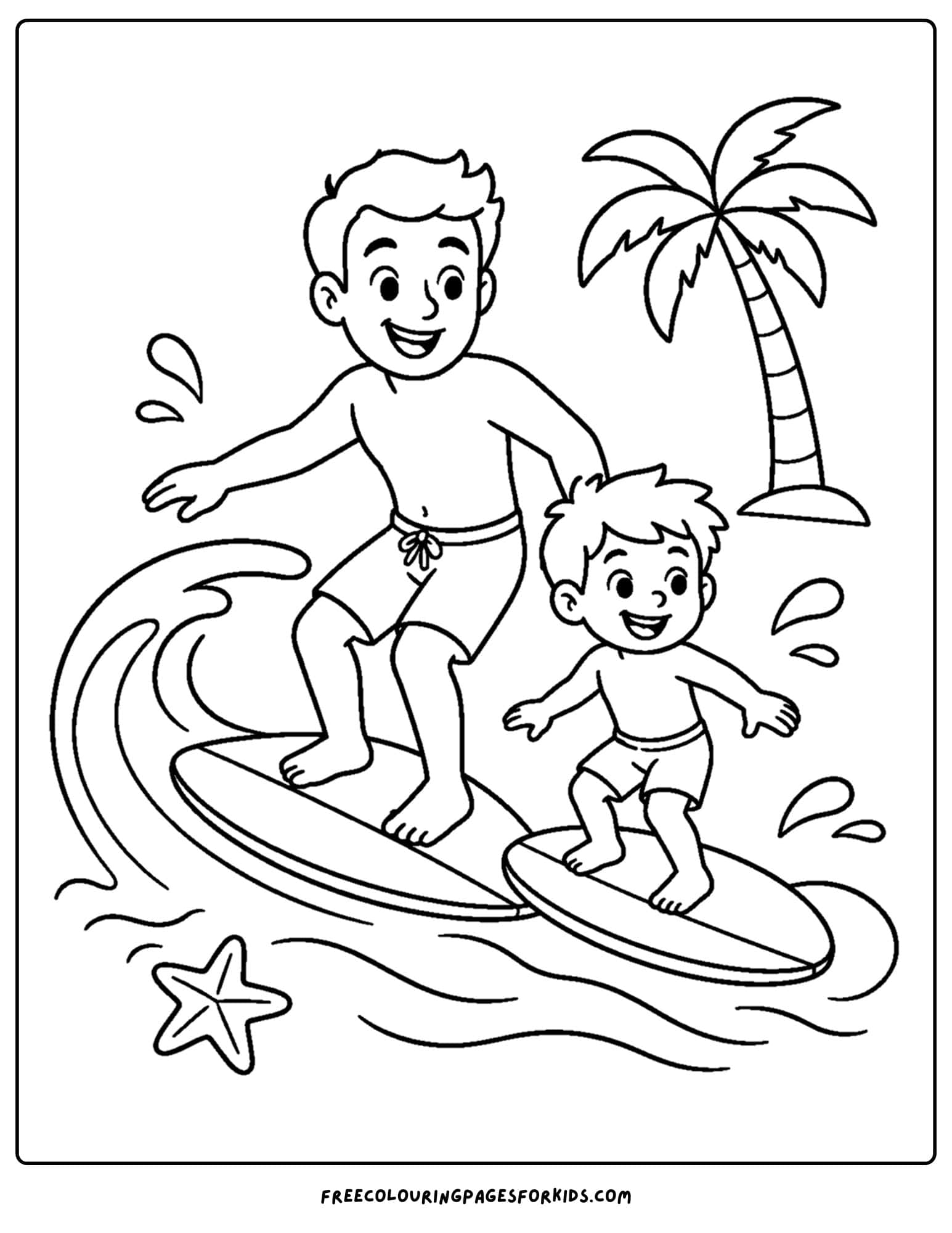 a surfing coloring page showing a parent and child surfing in front of a palm tree
