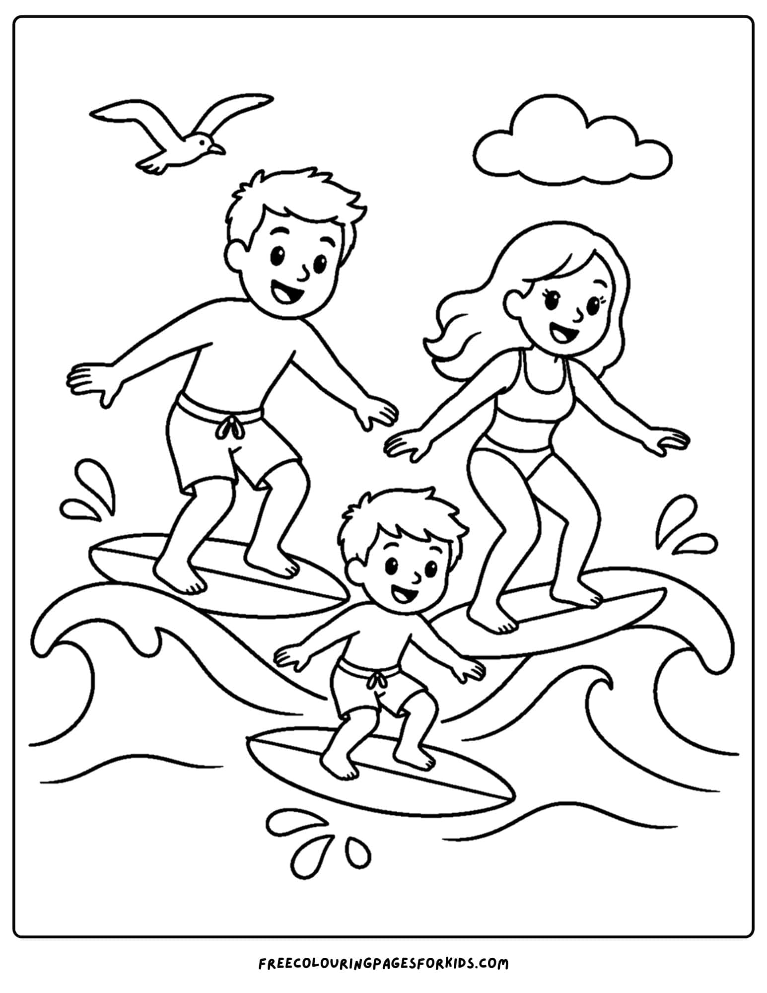 a surfing coloring page showing a family on a surfing adventure