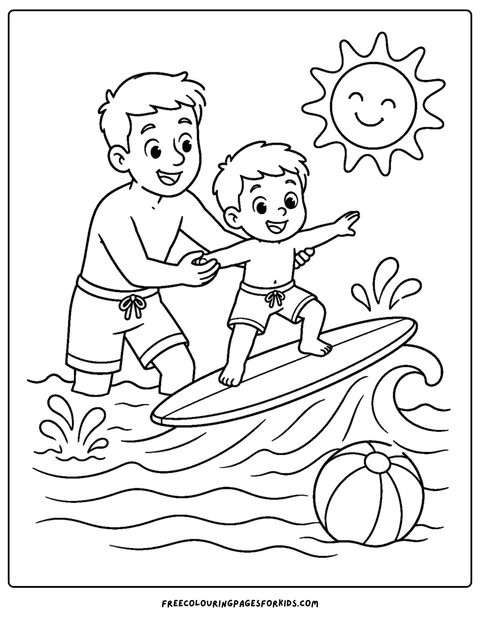 a surfing coloring page showing a parent helping to teach their child to surf
