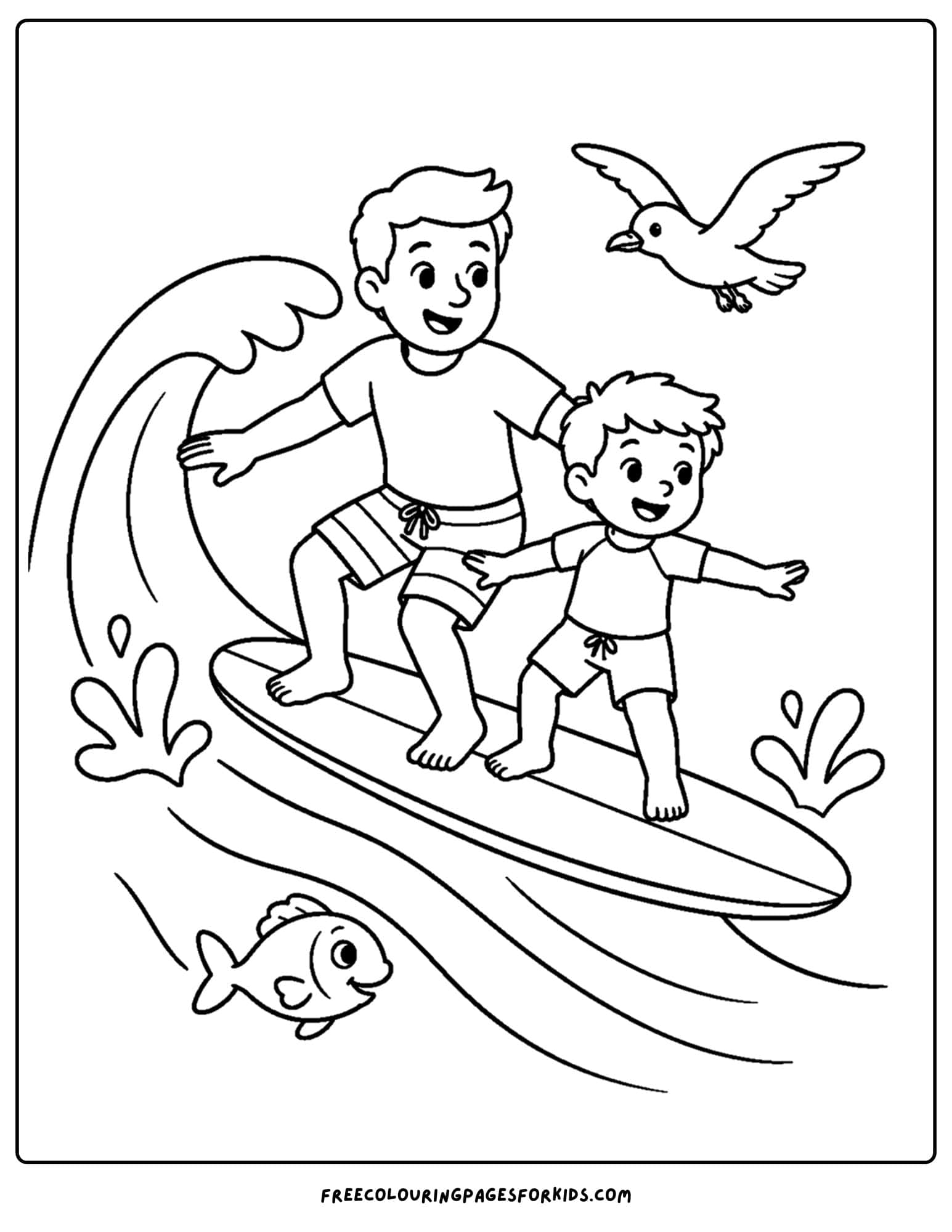a surfing coloring page showing a family tandem surf