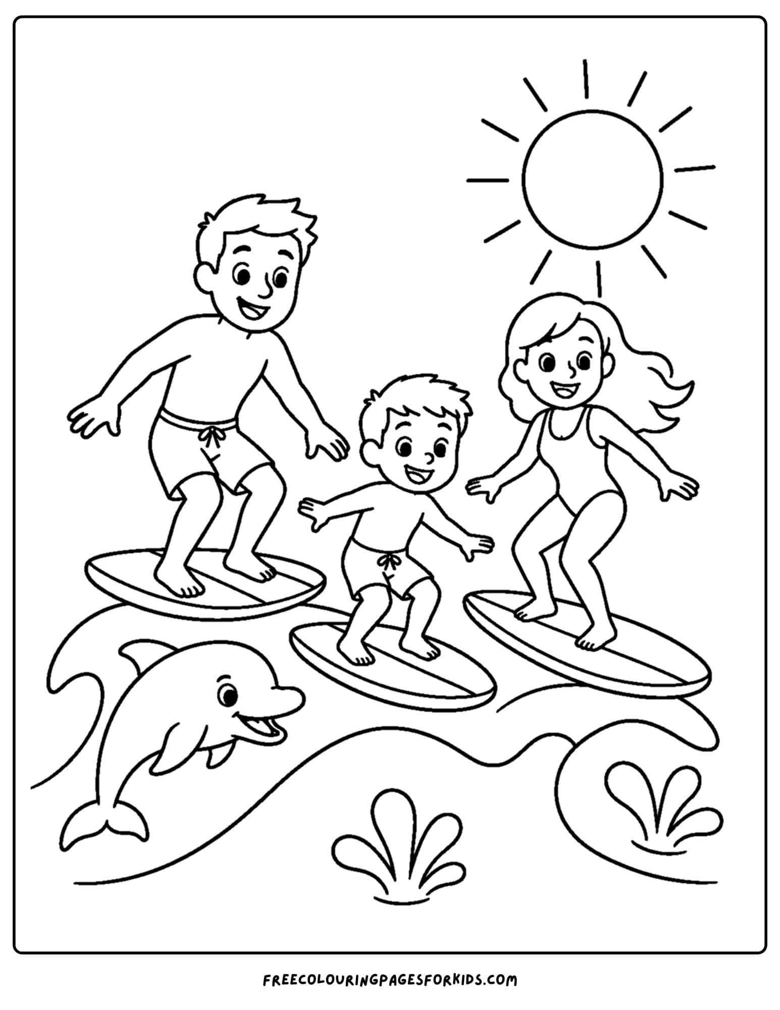 a surfing coloring page showing a family surfing