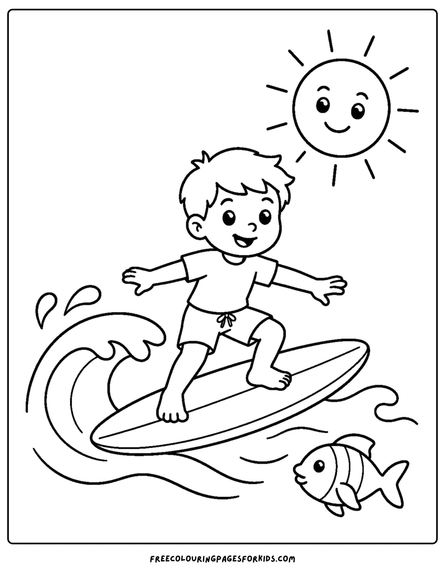 a surfing coloring page showing a boy riding a gentle wave