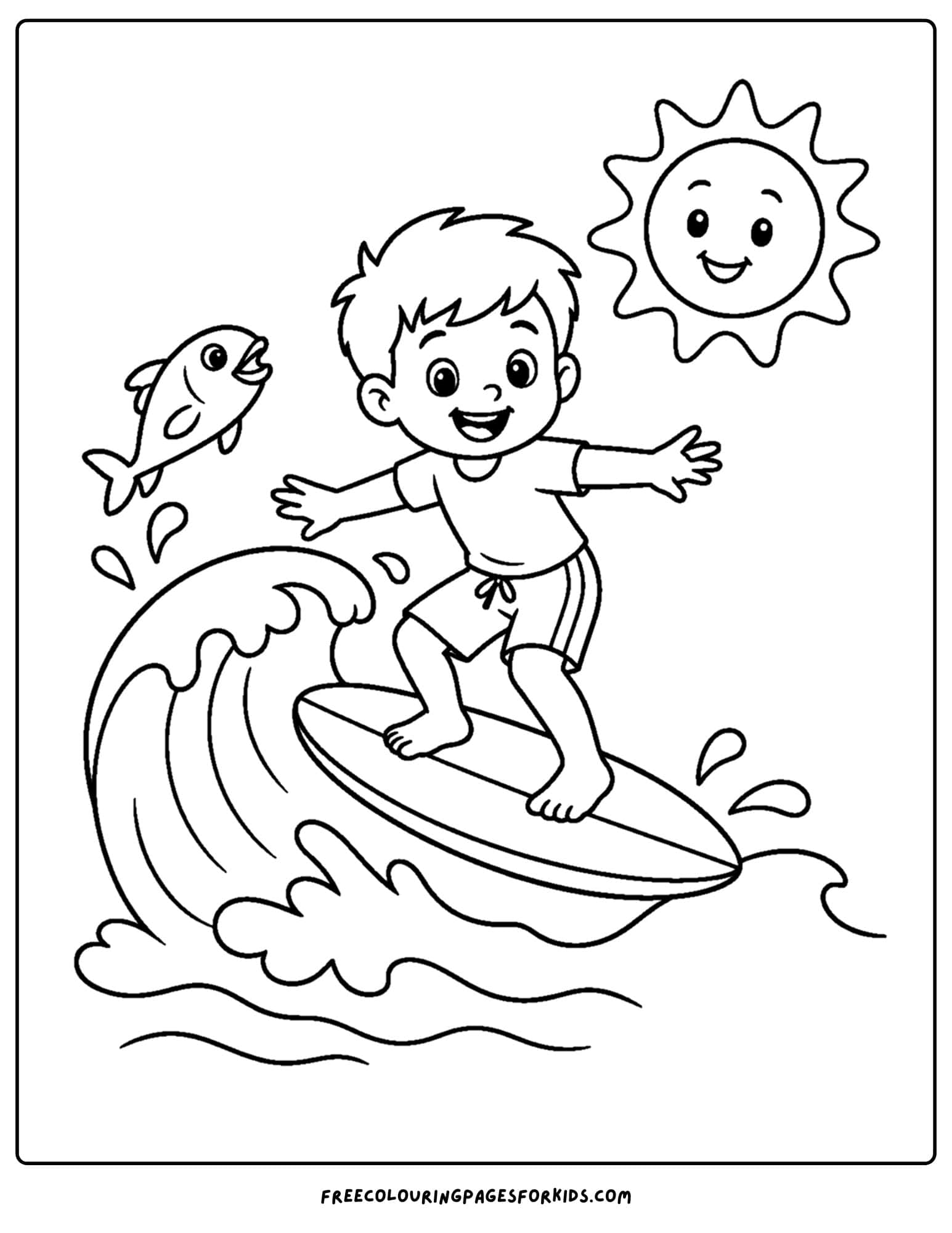 a surfing coloring page showing a child surfing as a fish jumps a wave
