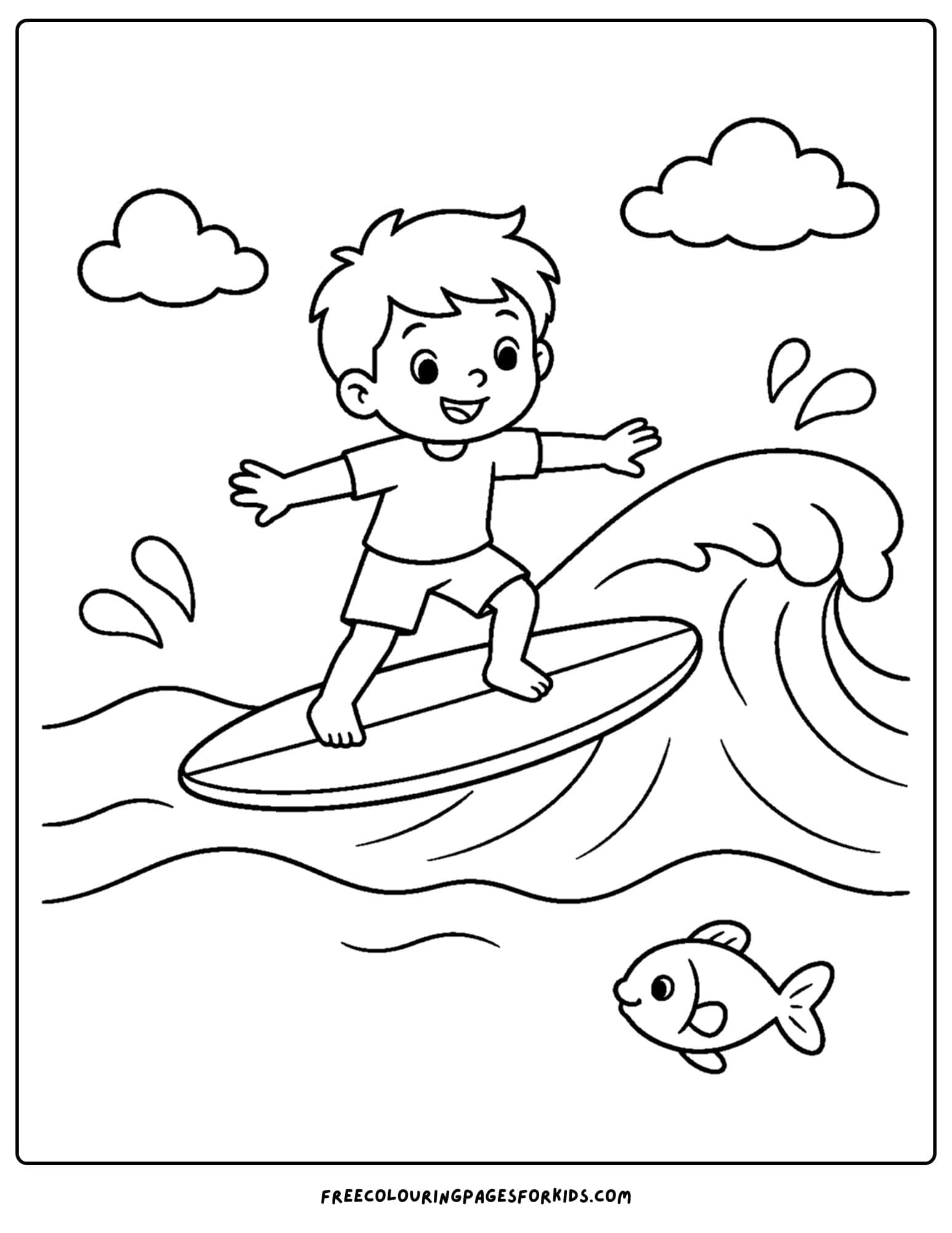 a surfing coloring page showing a child surfing and smiling