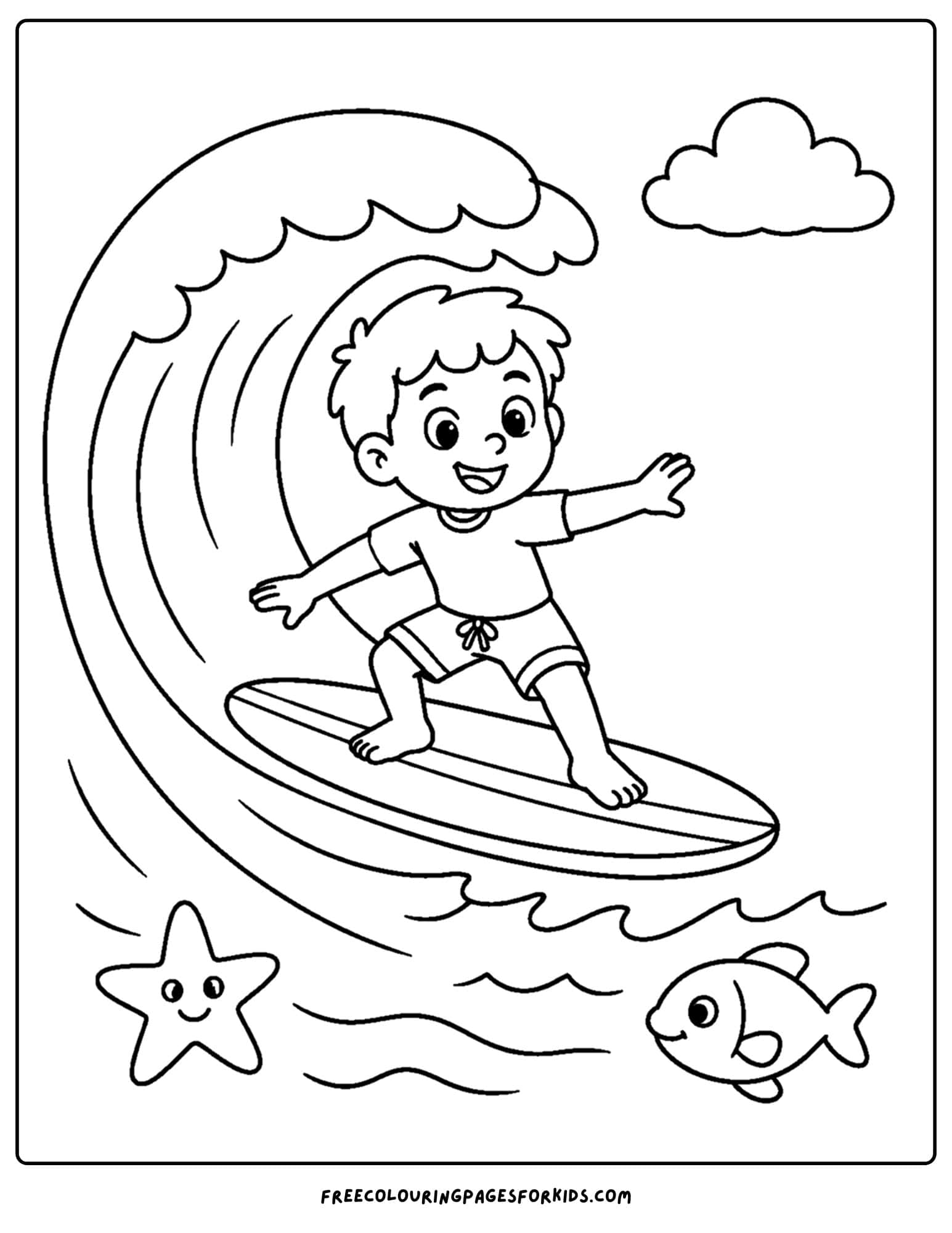 a surfing coloring page showing a child surfing a big wave
