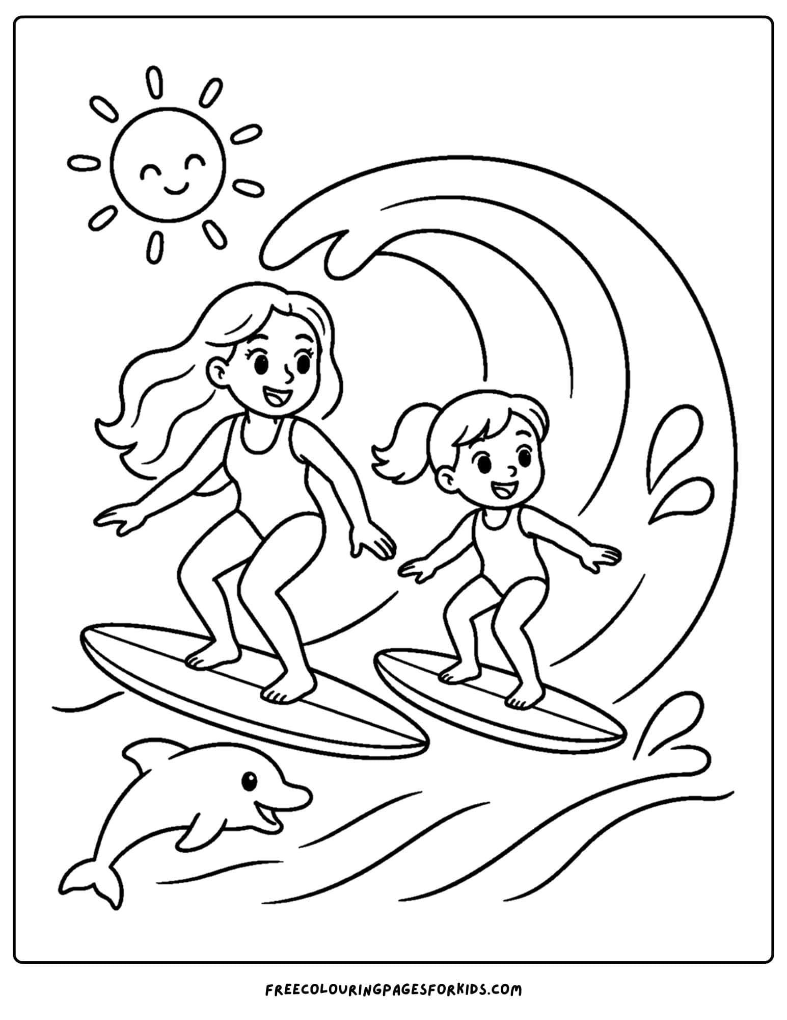 a surfing coloring page showing a mom and daughter surfing together