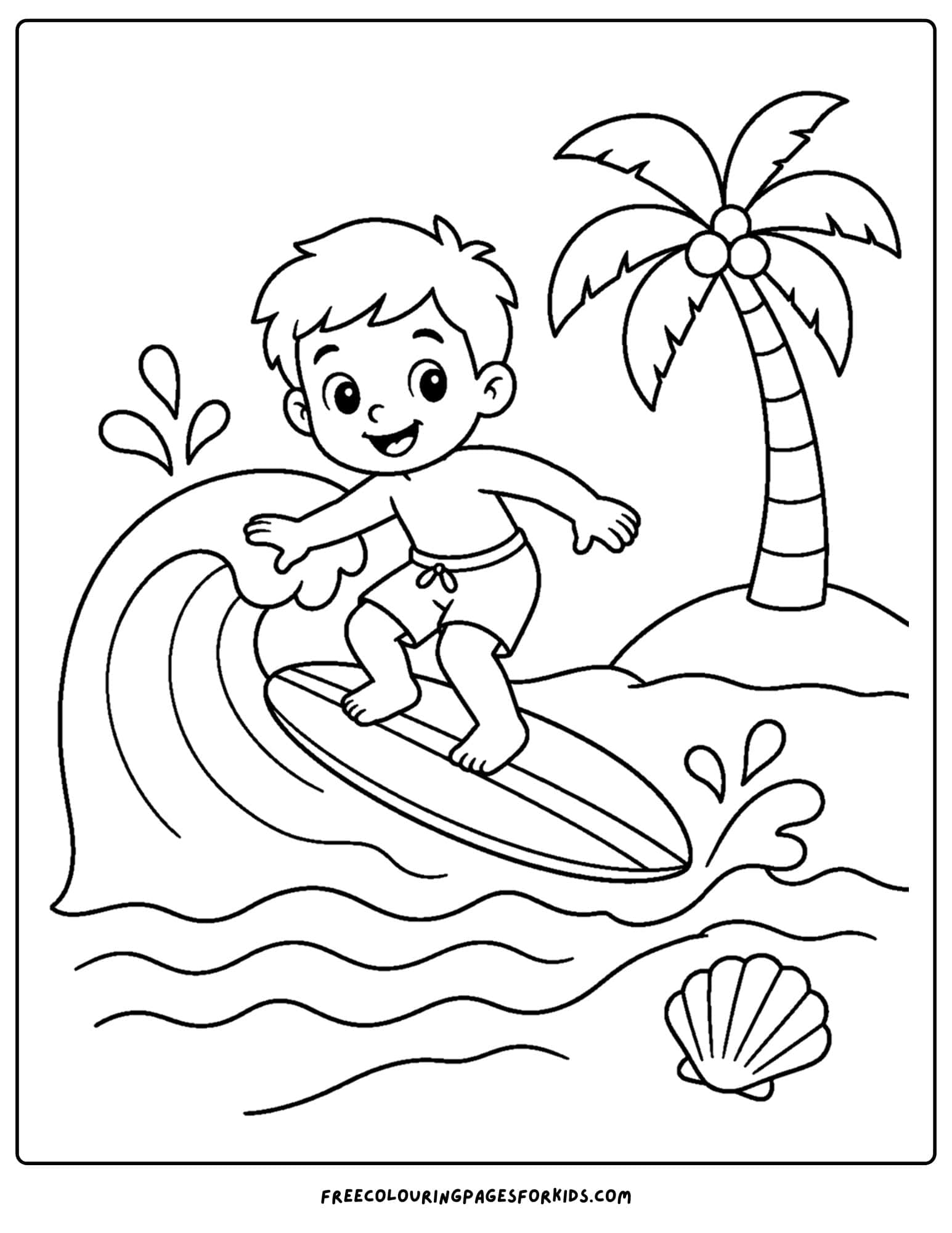 a surfing coloring page showing a child surfing with a palm tree in the background