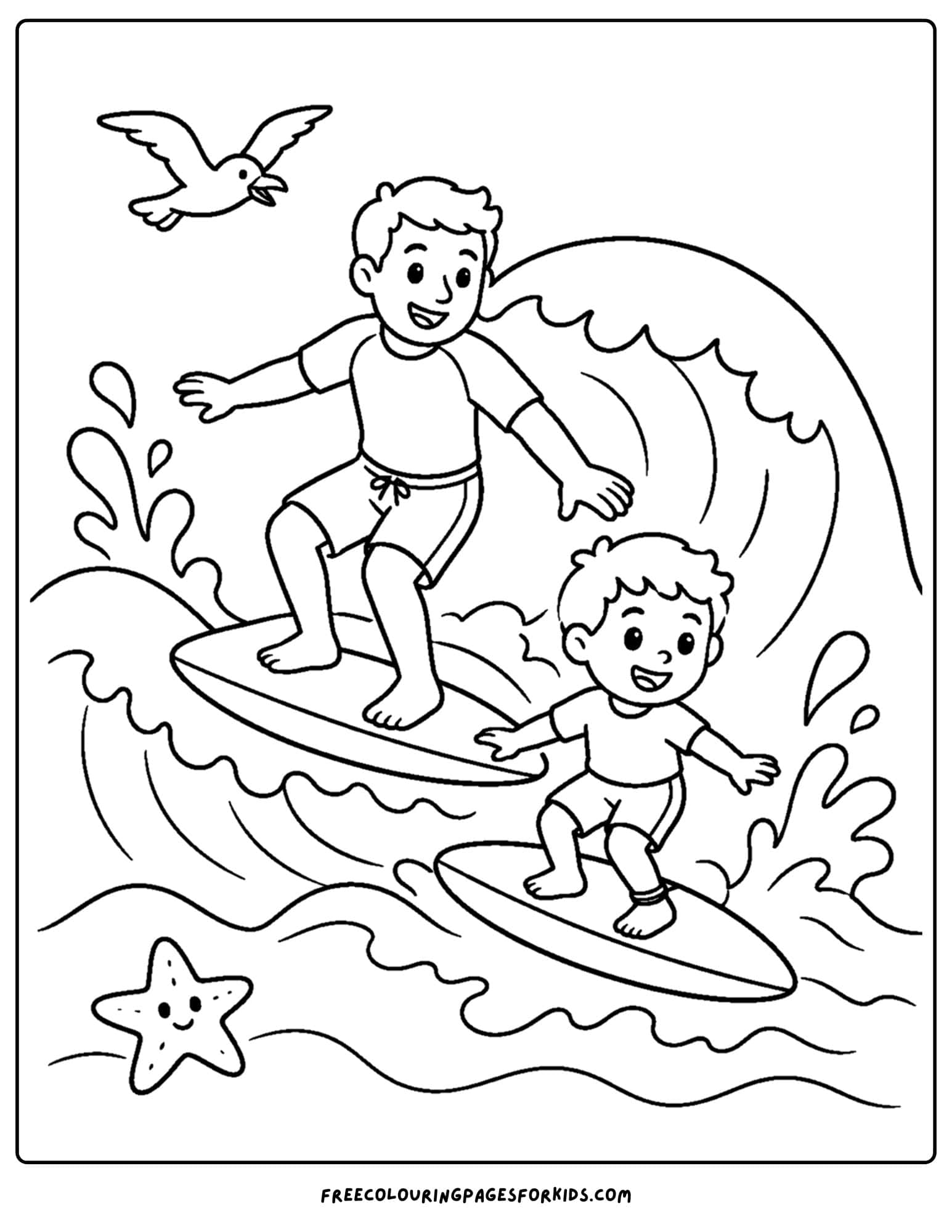 a surfing coloring page showing a child and parent surfing