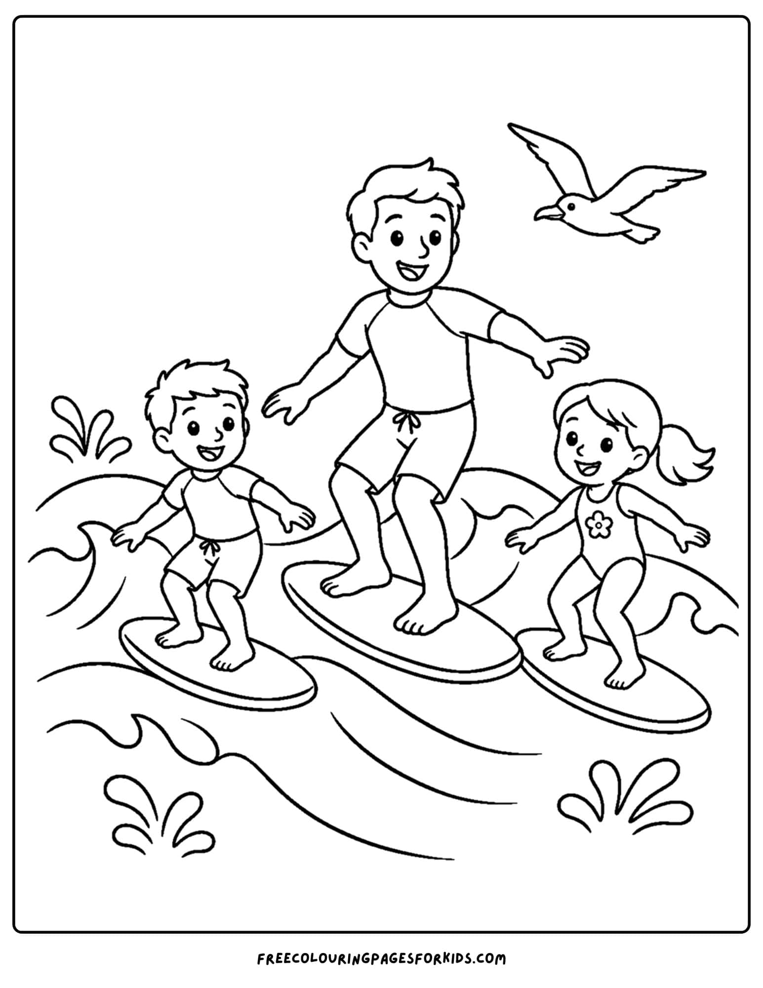 a surfing coloring page showing a parent surfing with two children