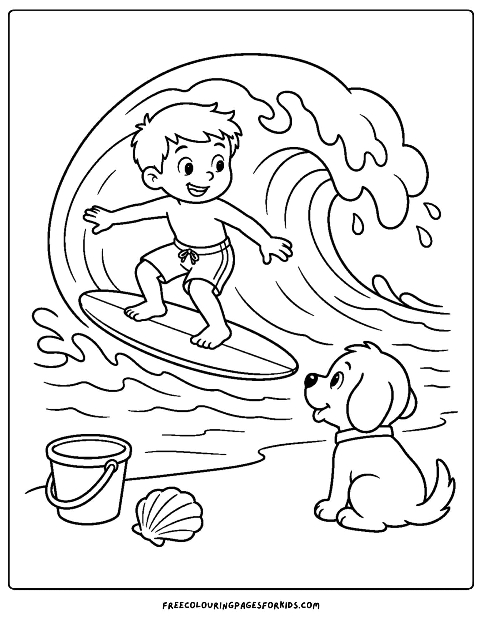 a surfing coloring page showing a child surfing and their puppy watching
