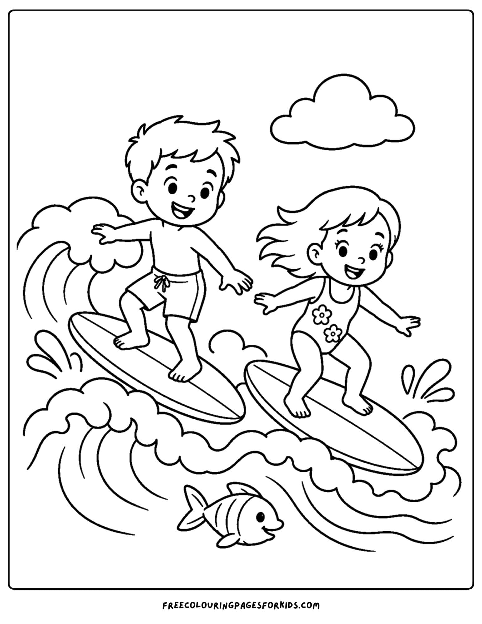 a surfing coloring page showing siblings surfing a wave