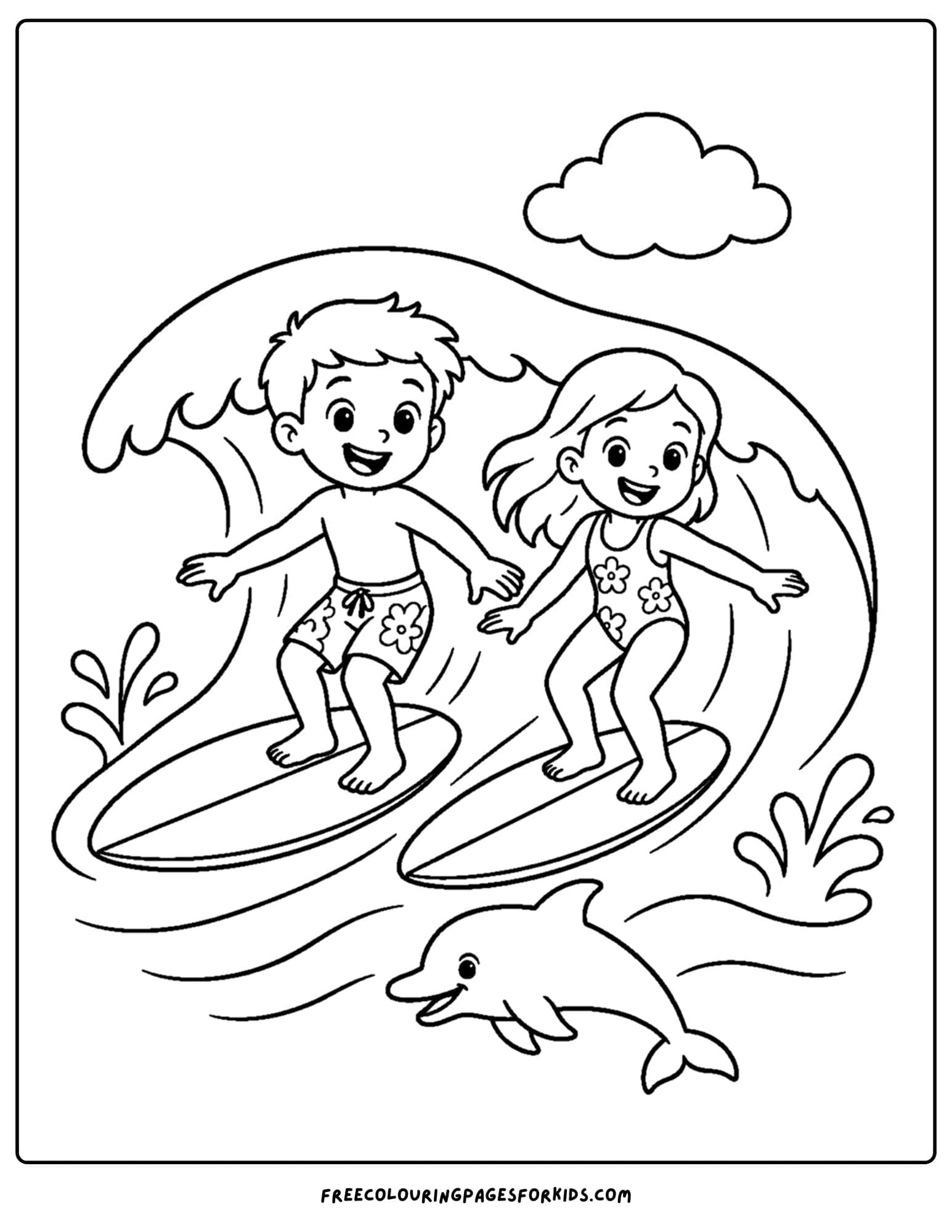 a surfing coloring page showing a brother and sister surfing together