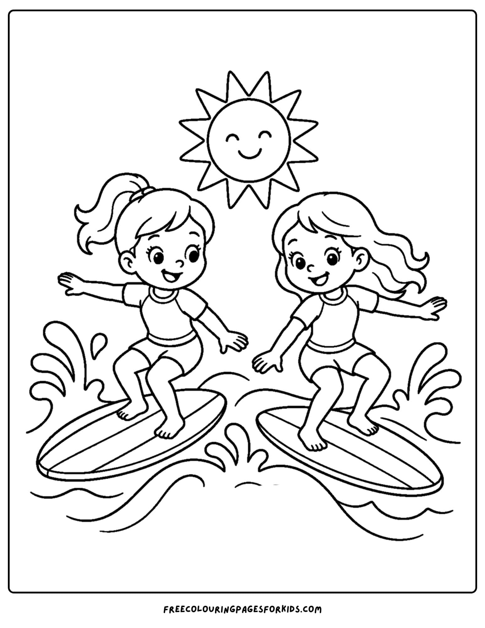 a surfing coloring page showing two sisters surfing together