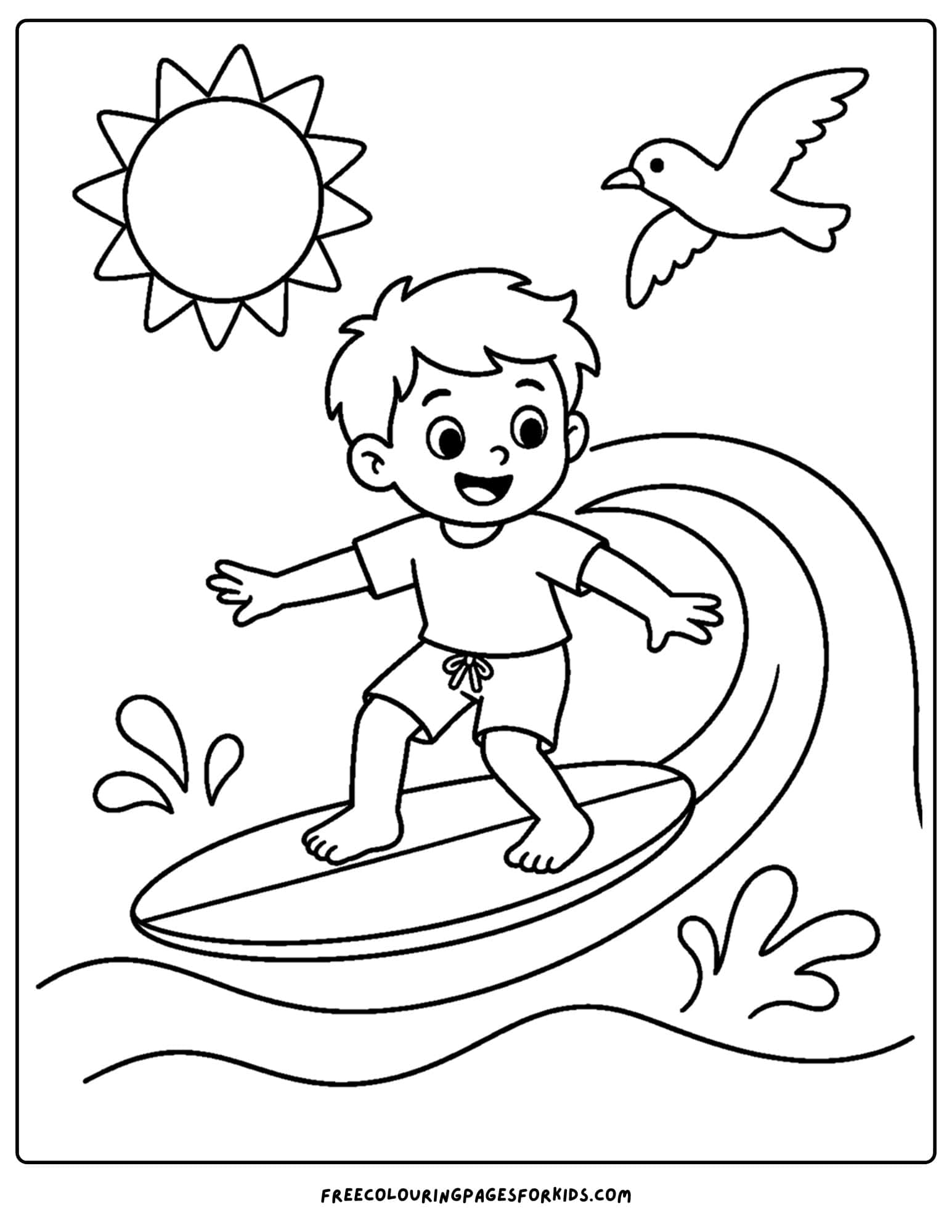 a surfing coloring page showing a child surfing at sunset