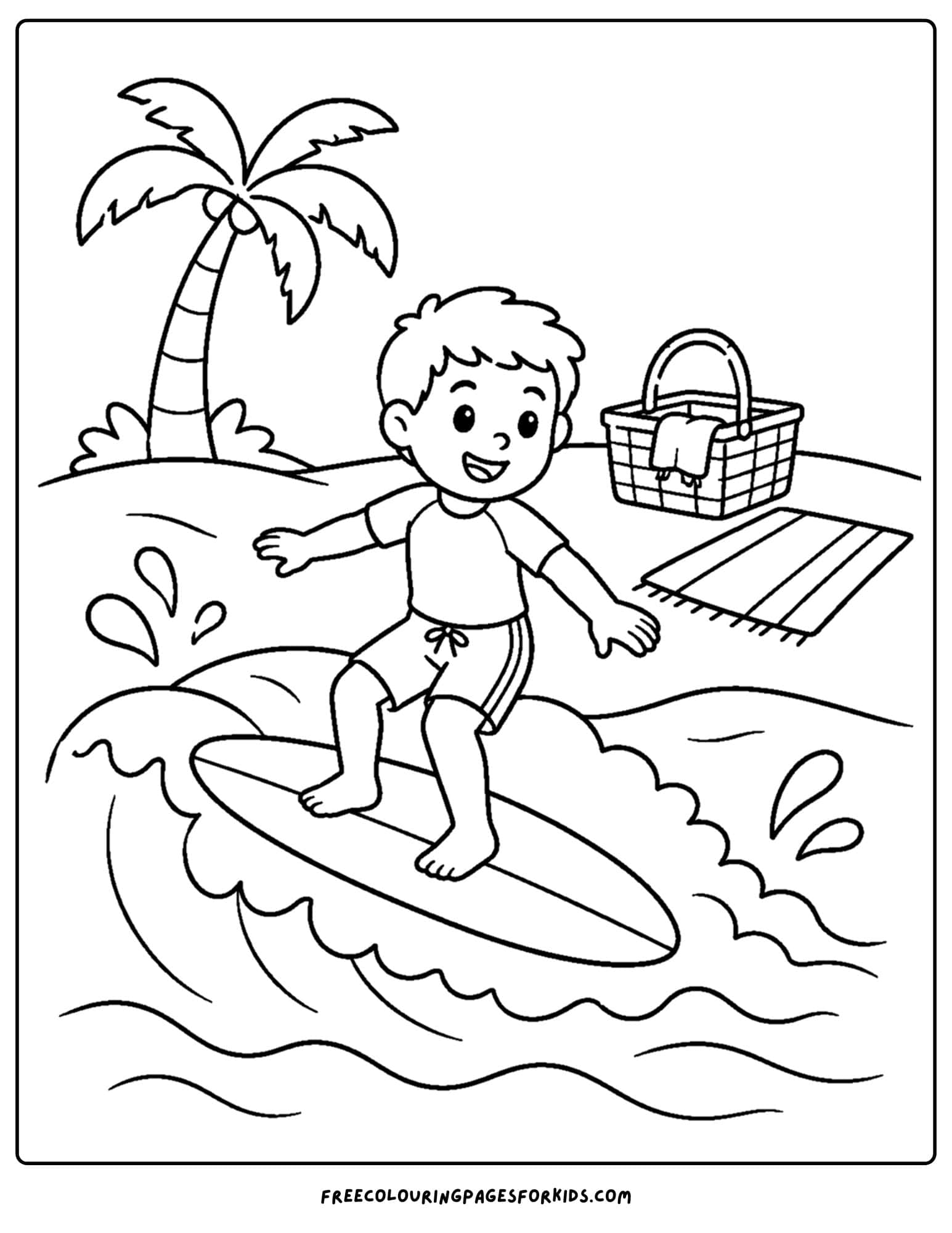 a surfing coloring page showing a child surfing near the beach