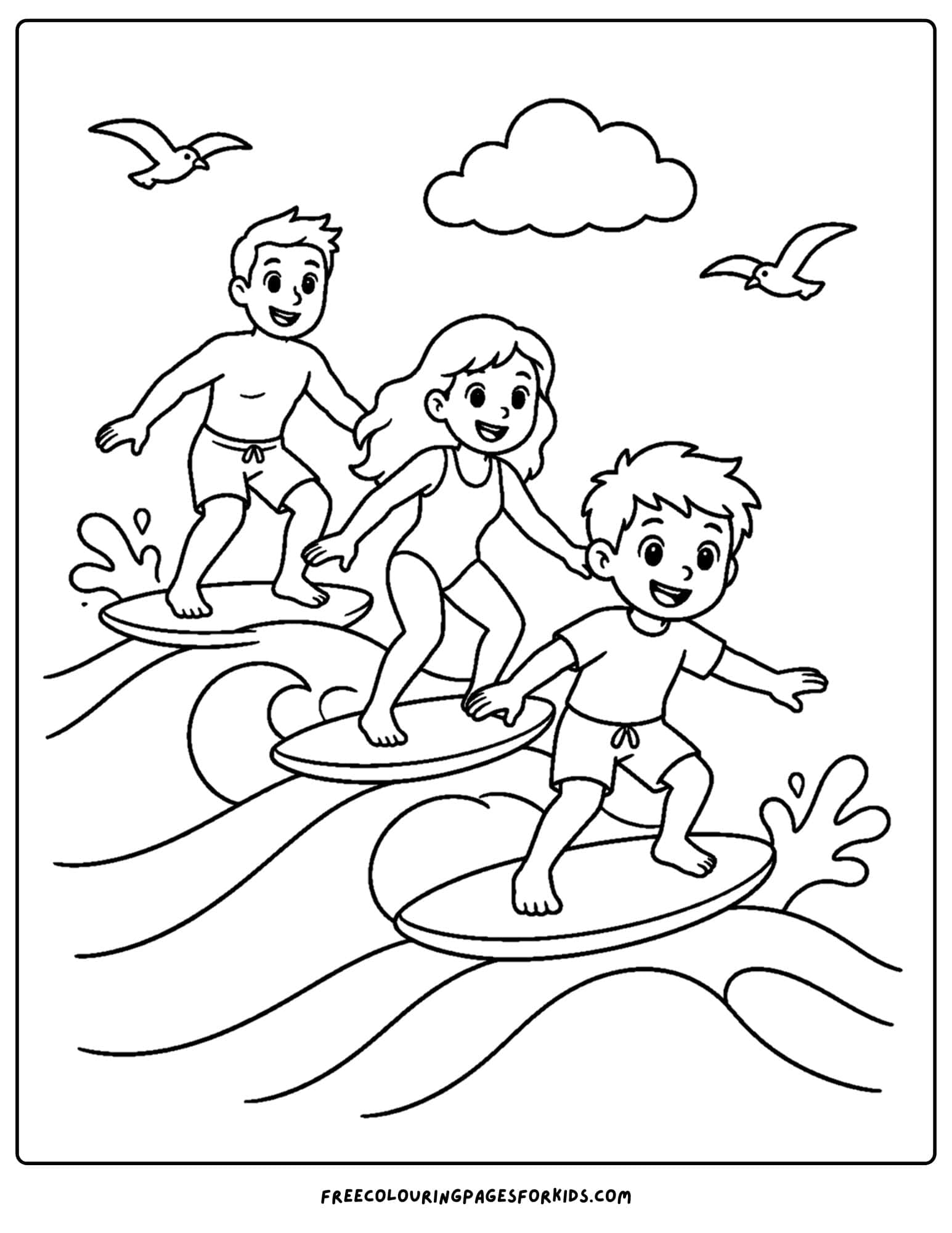 a surfing coloring page showing a family surfing waves