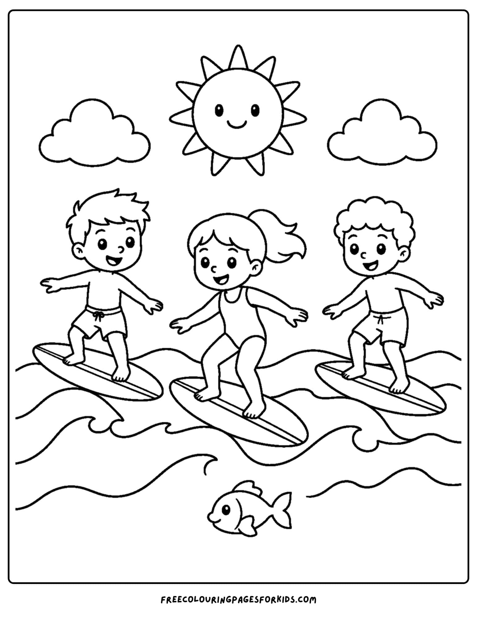 a surfing coloring page showing three kids surfing under the sun
