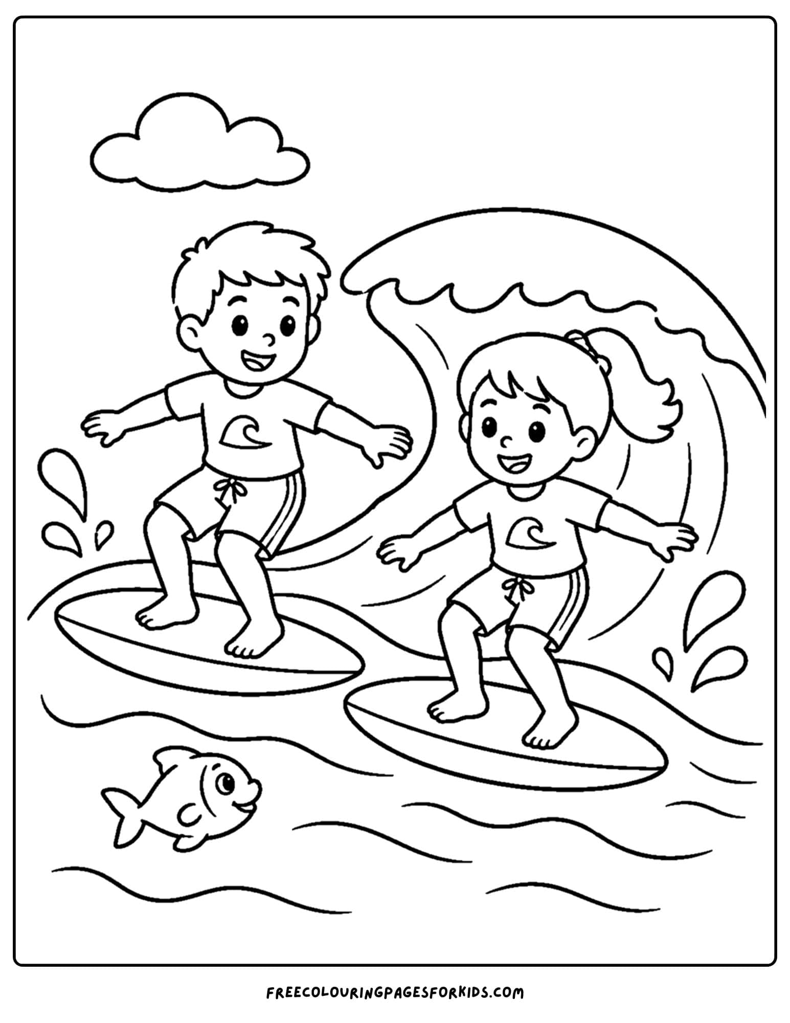 a surfing coloring page showing two kids surfing the same wave together