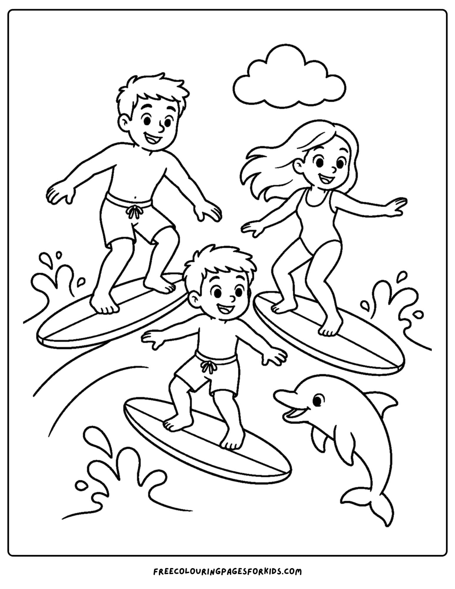 a surfing coloring page showing a family riding surf boards on a big wave together