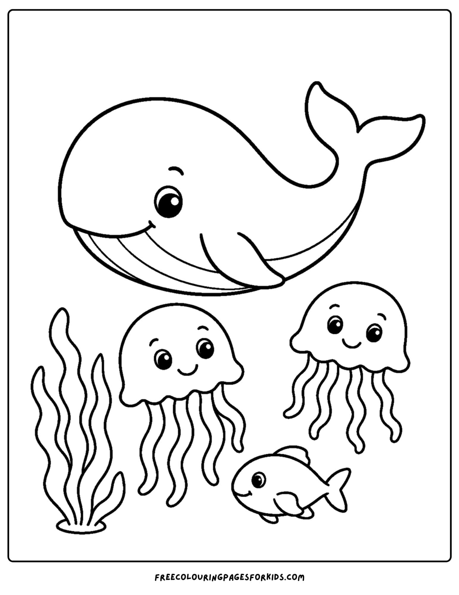 a coloring page of a whale and some jellyfish