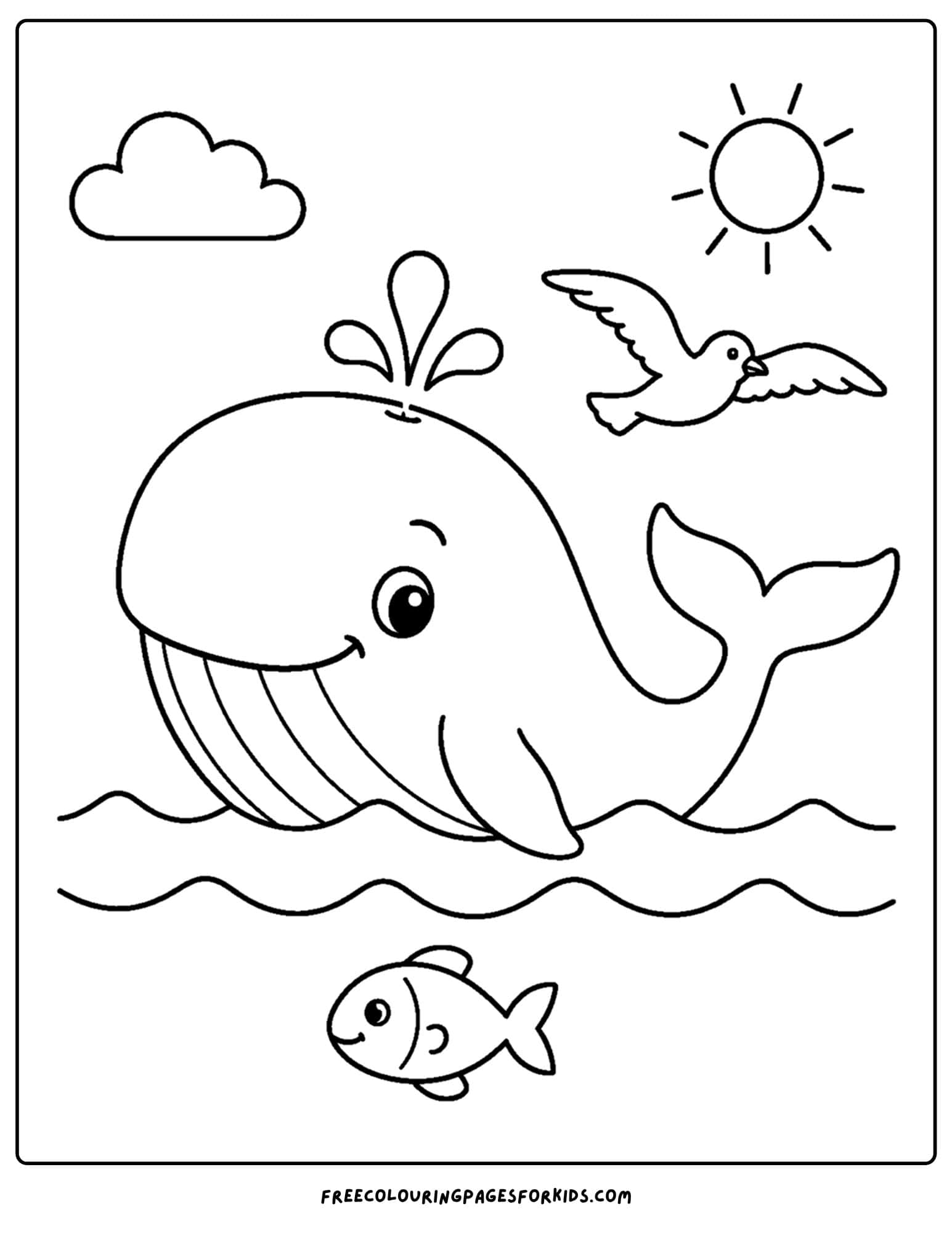 a coloring page of a whale and a seagull overhead