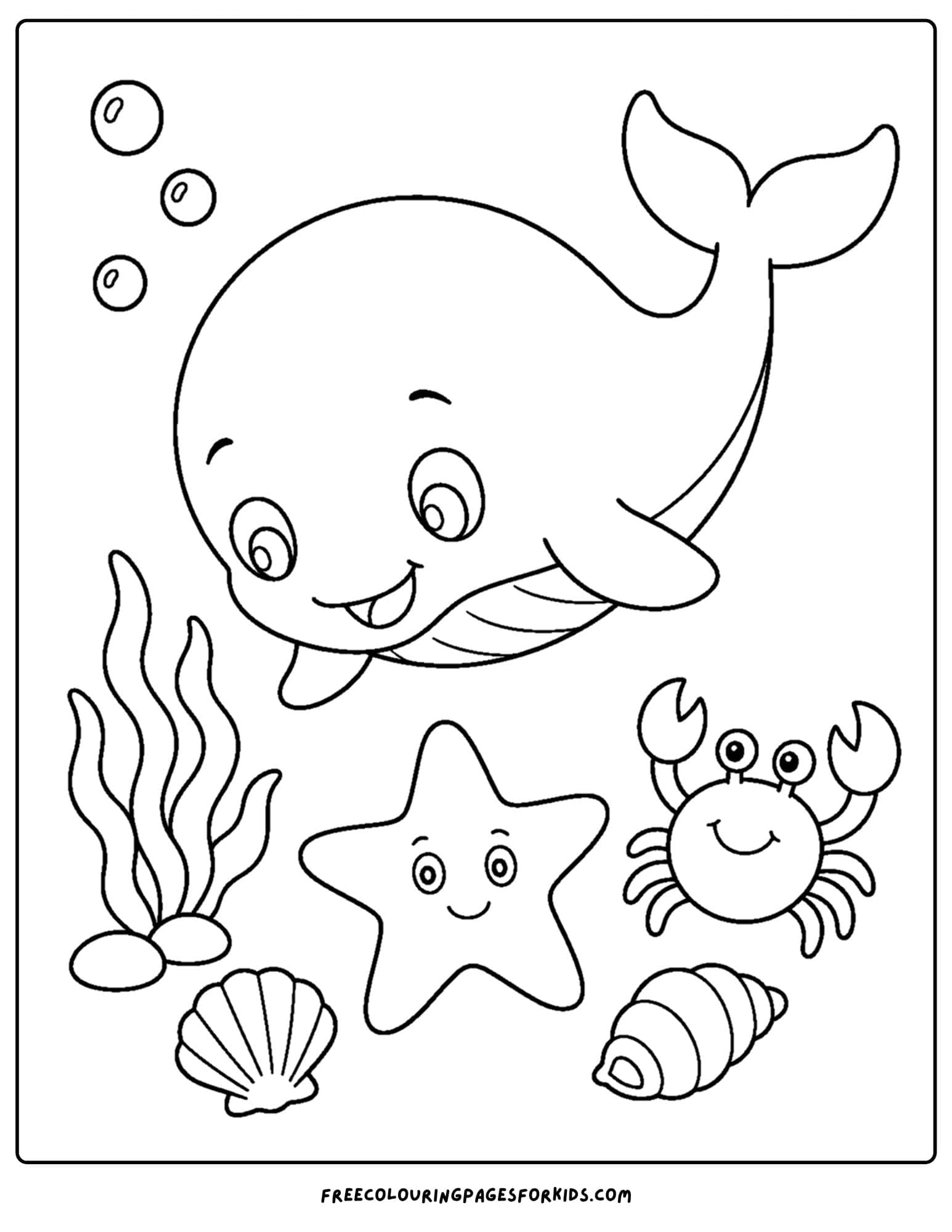 a coloring page of a whale and a starfish