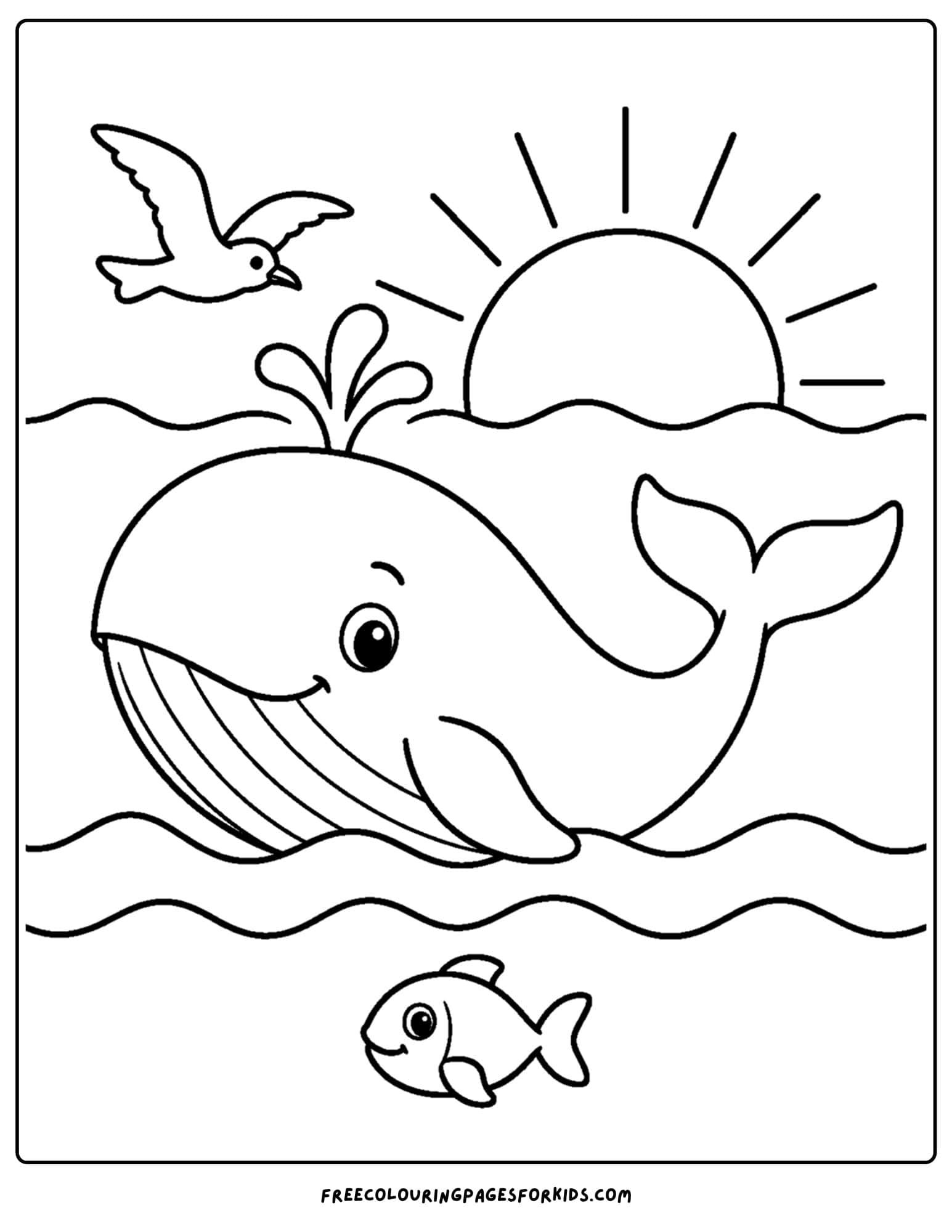 a coloring page of a whale swimming along at sunrise