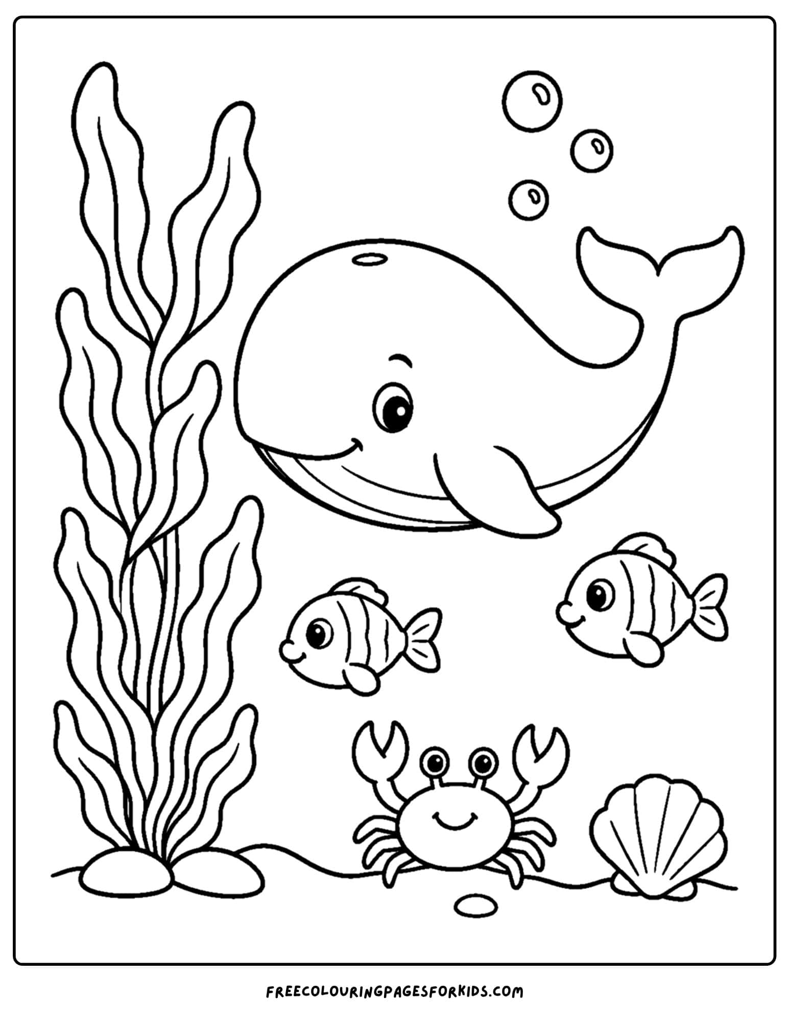 a coloring page of a whale swimming past a kelp forrest