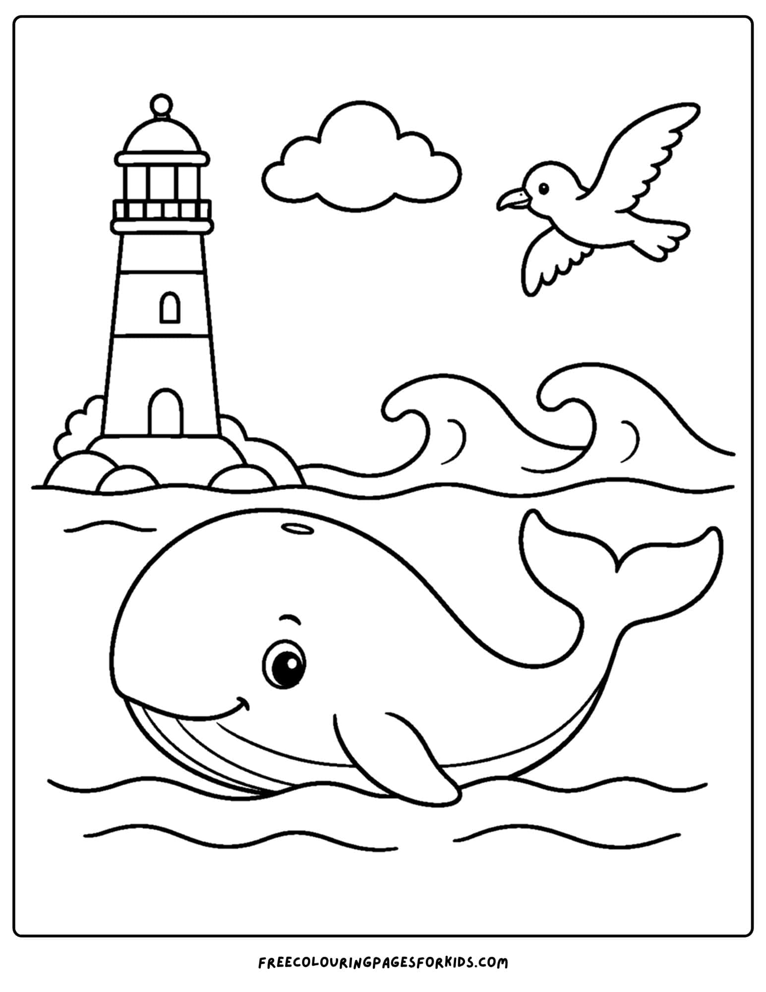 a coloring page of a whale swimming past a lighthouse