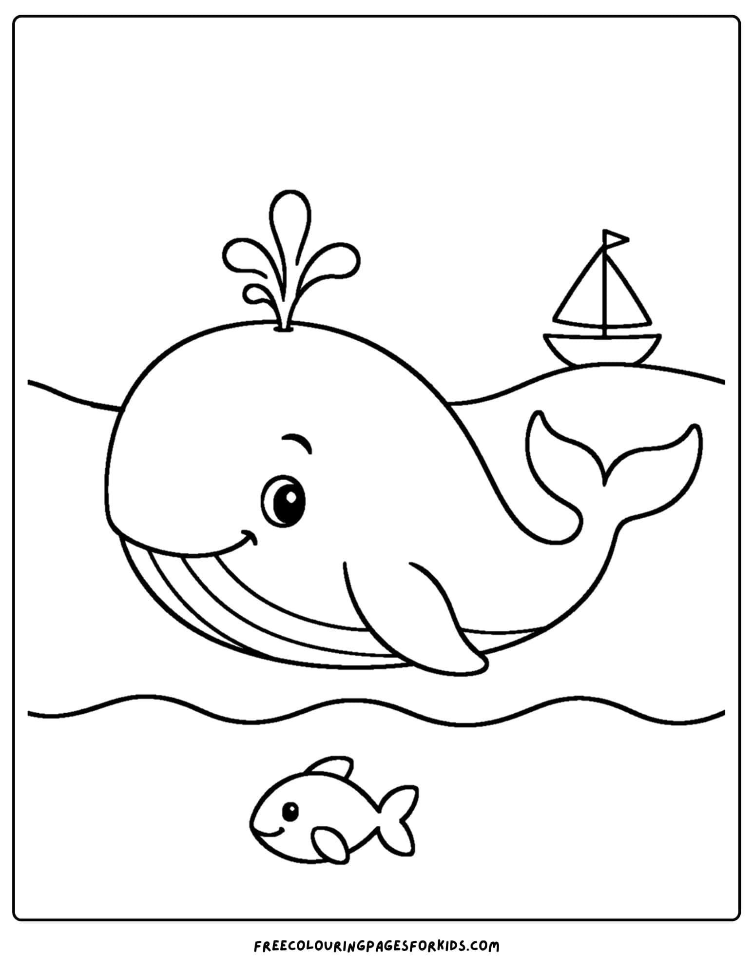 a coloring page of a whale with a sailboat in the background