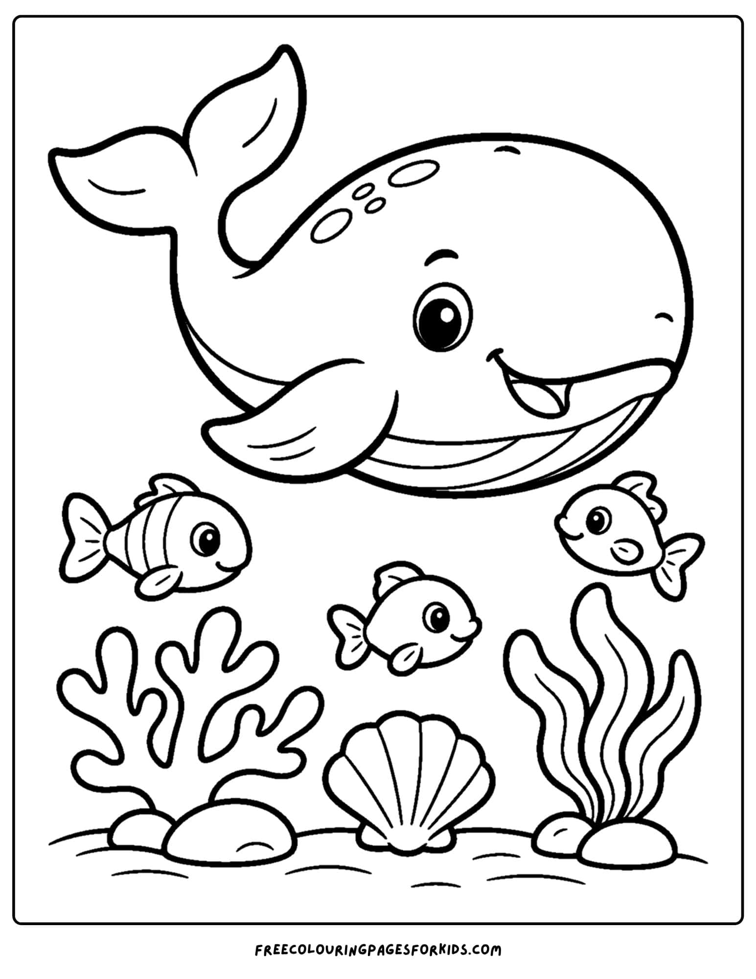 a coloring page of a whale and a coral reef