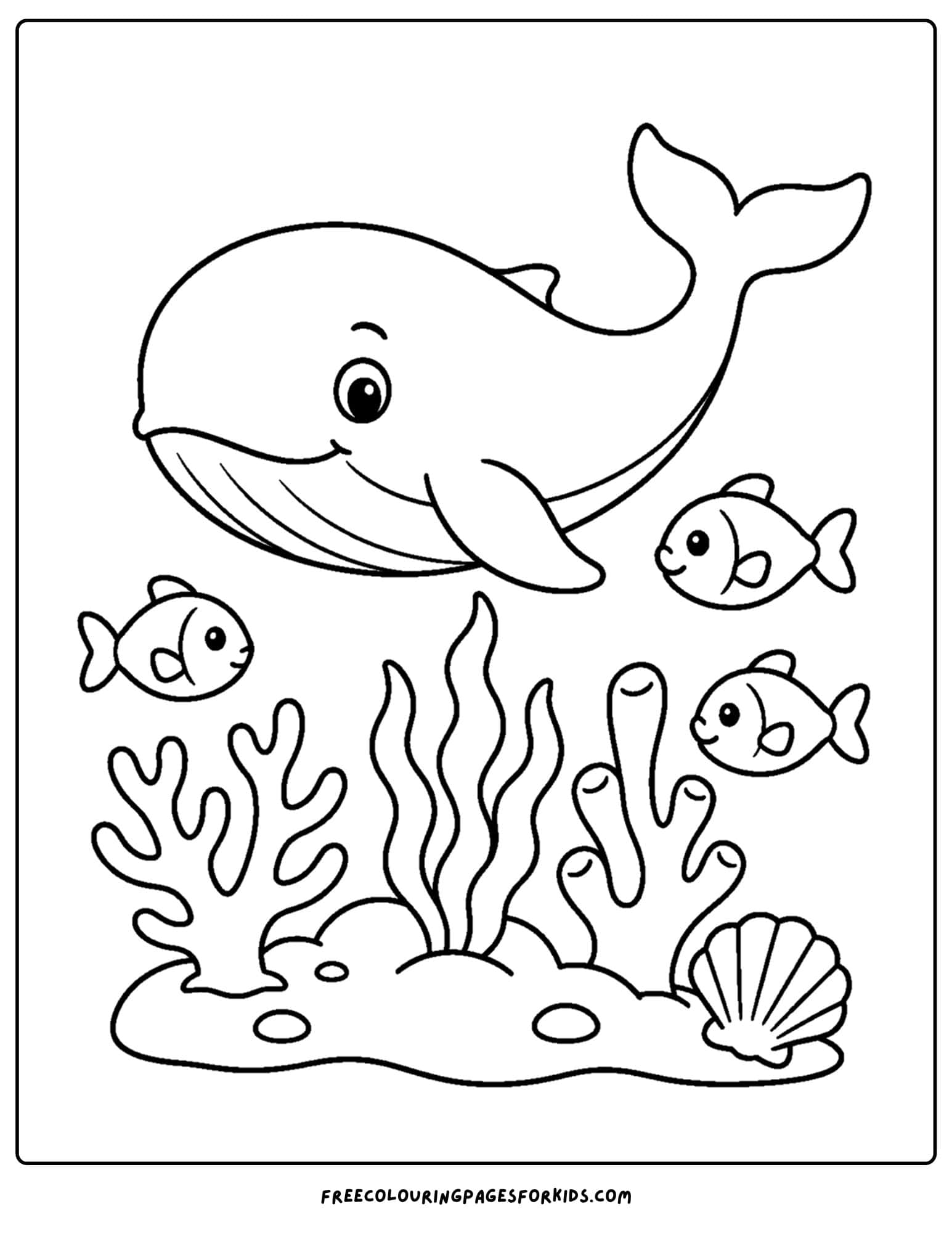a coloring page of a whale exploring an ocean reef
