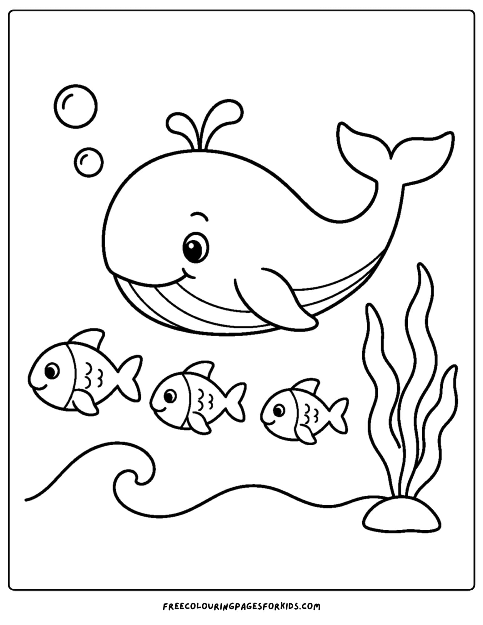 a coloring page of a whale following some other fish in the water