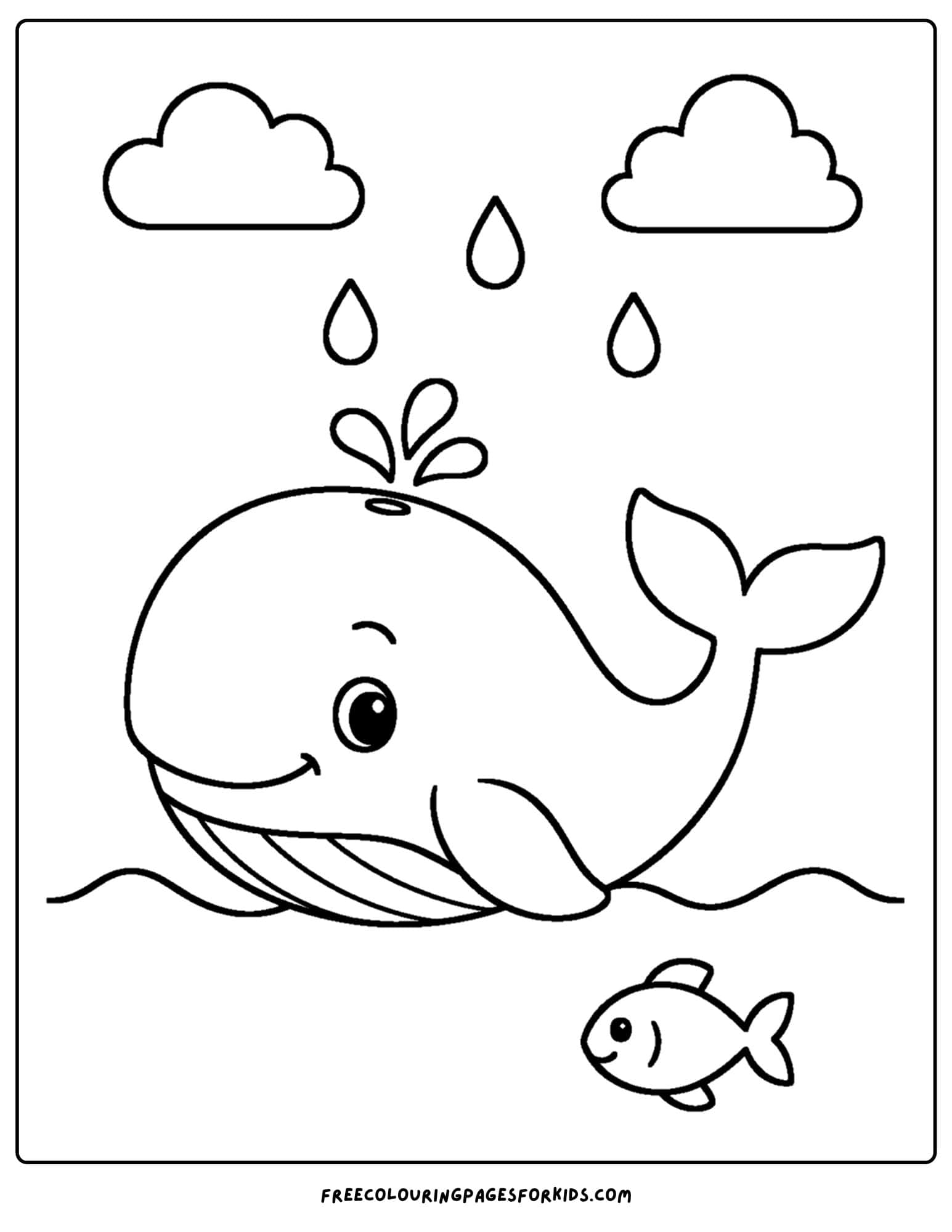 a coloring page of a whale swimming at the surface as the rain falls from the sky