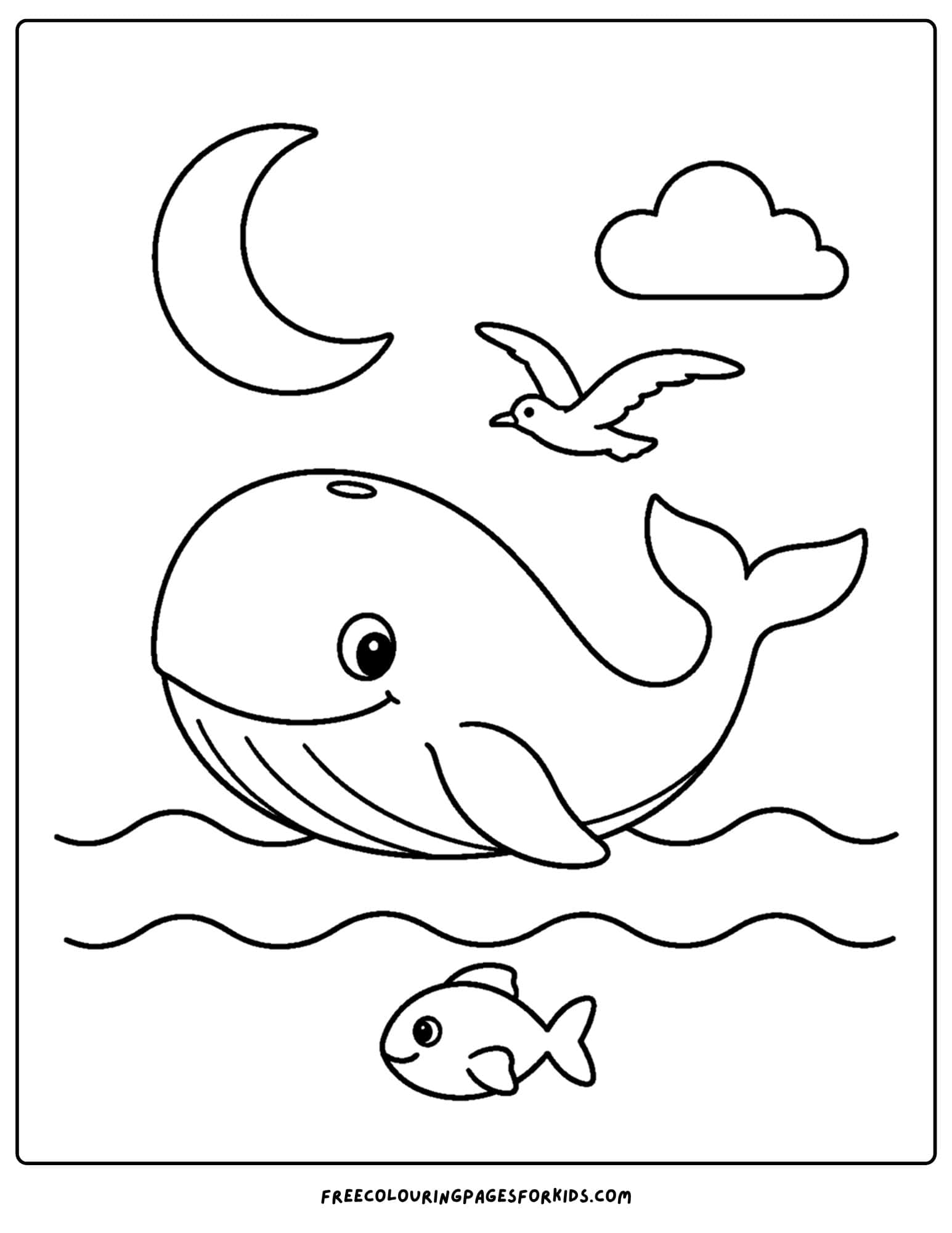 a coloring page of a whale swimming under the moon light