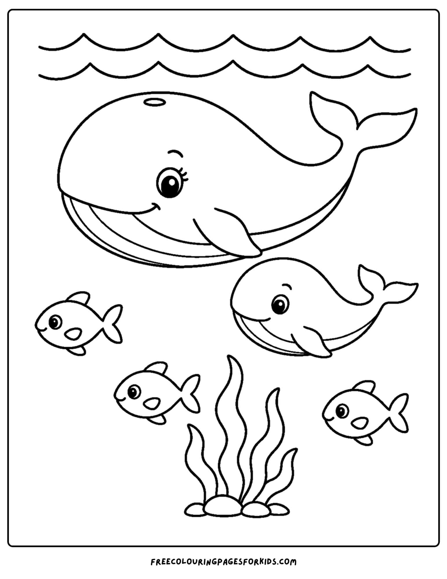 a coloring page of a whale mother swimming with a baby calf
