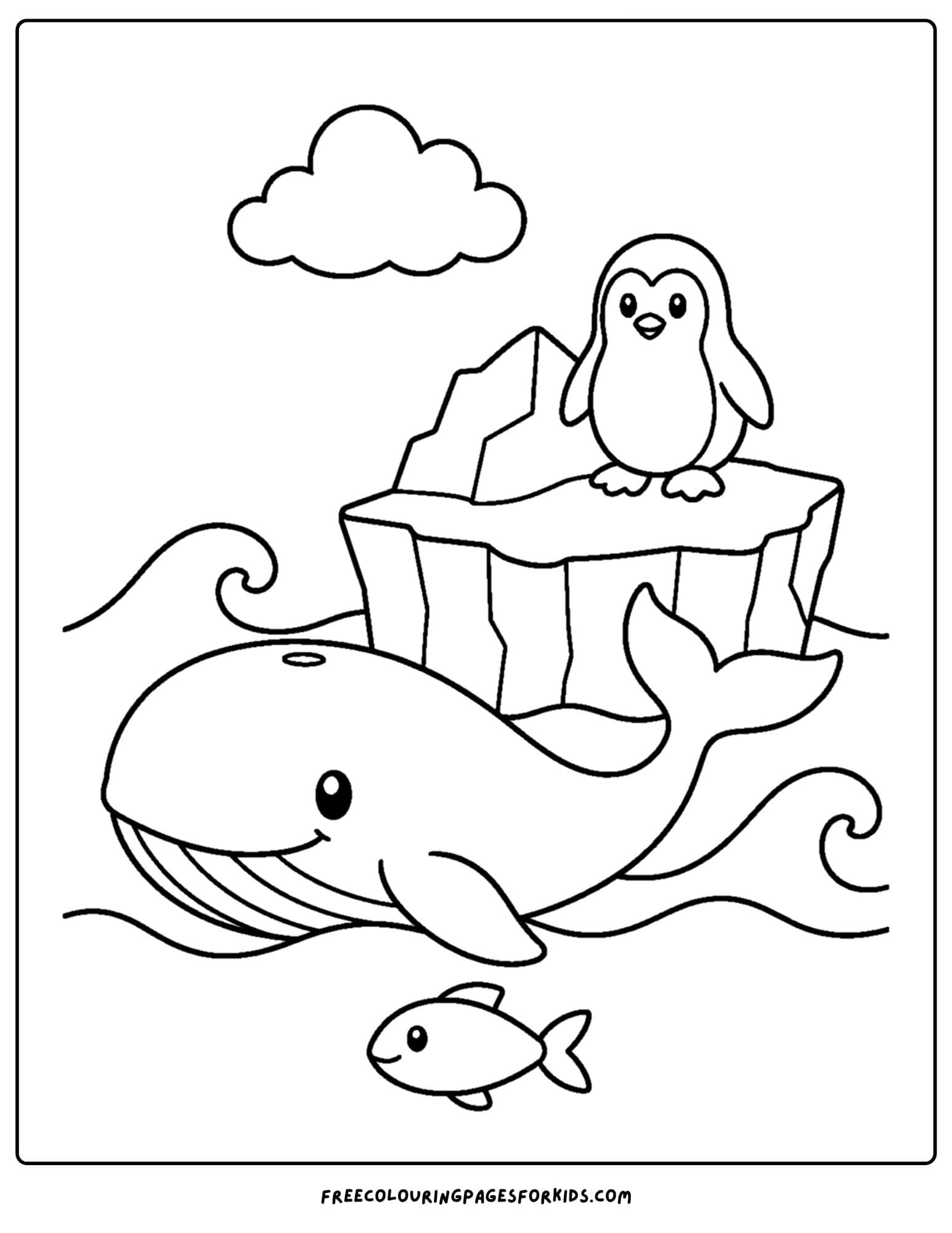 a coloring page of a whale swimming past a penguin on an iceberg