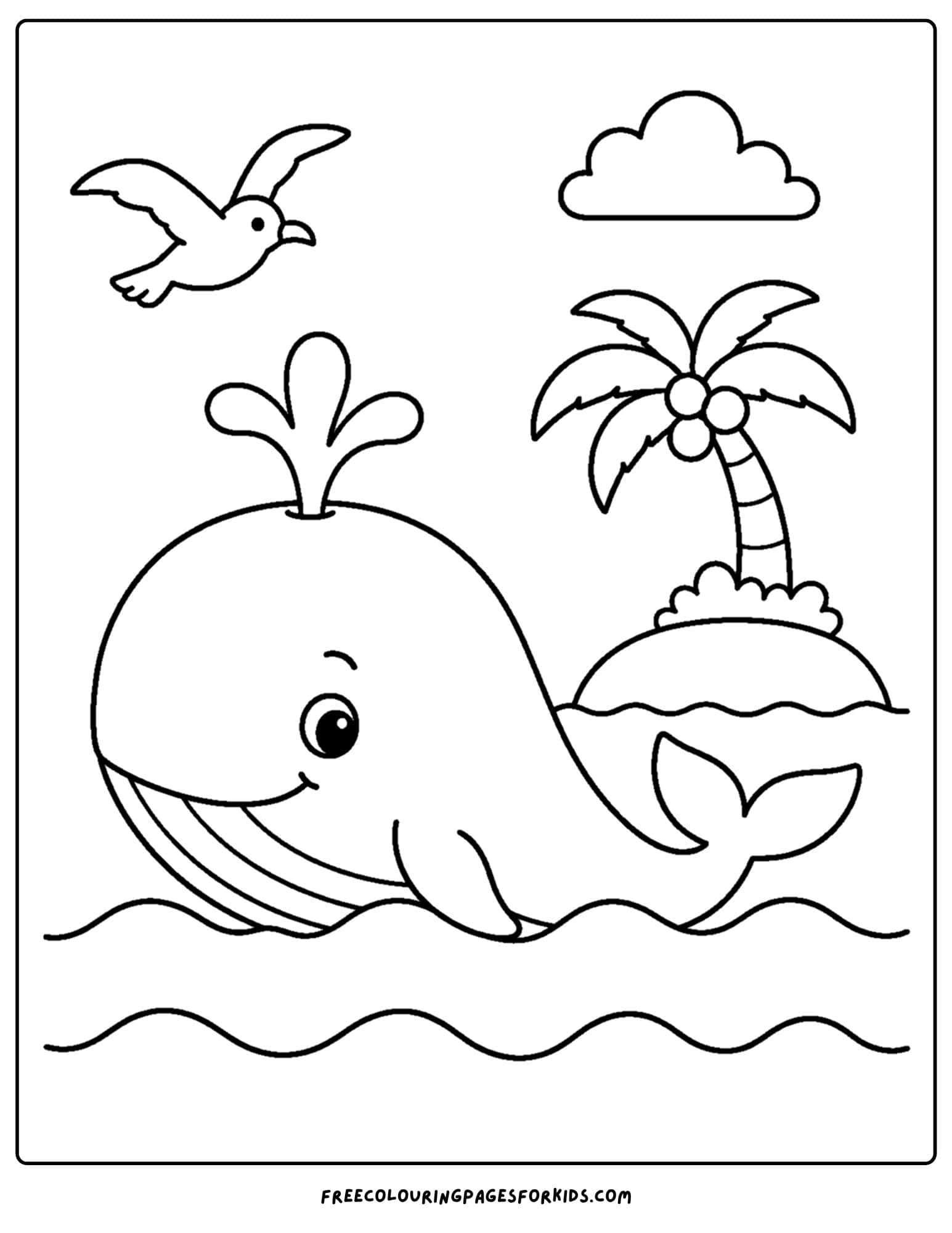 a coloring page of a whale swimming past an island with a palm tree