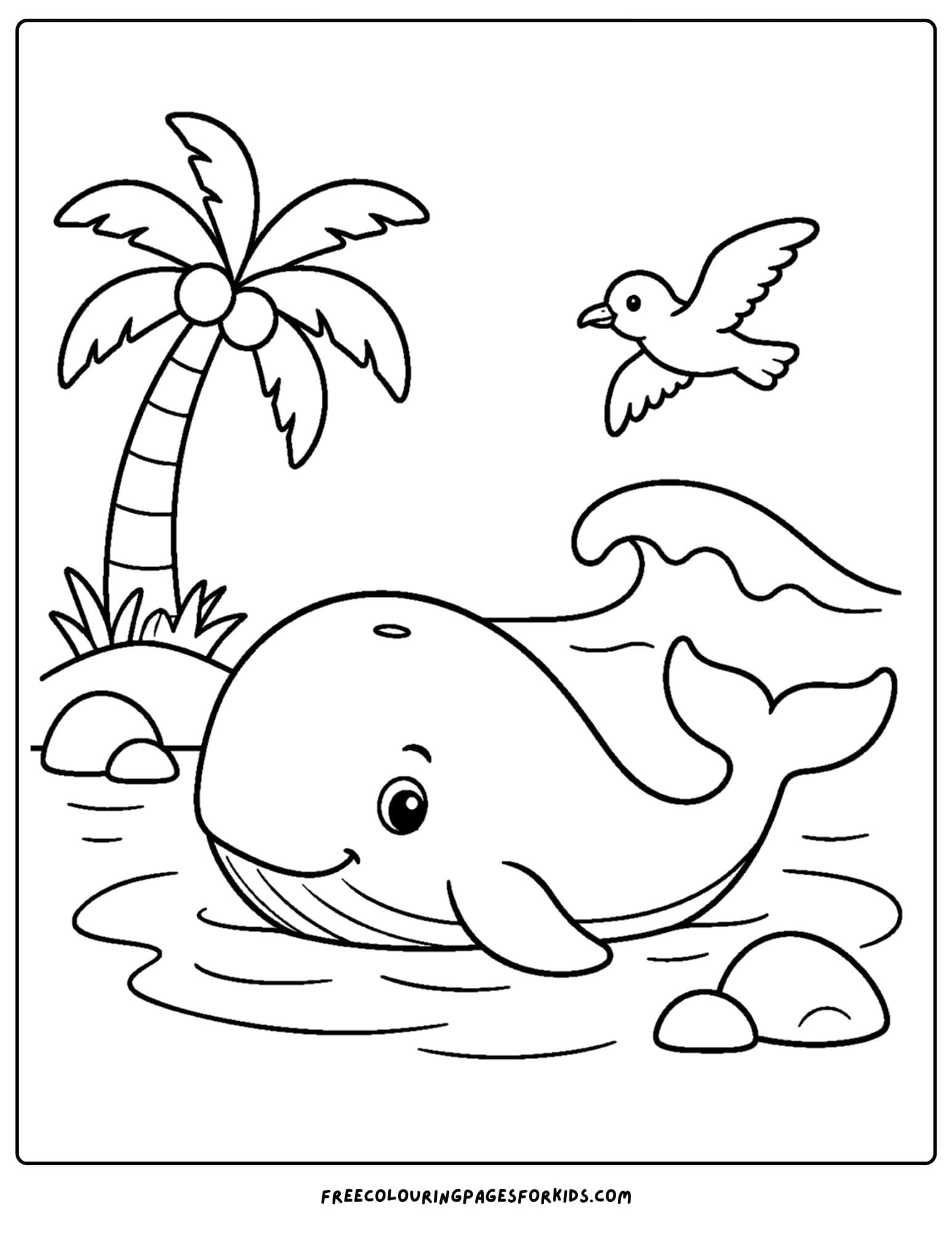 a coloring page of a whale swimming in a cove